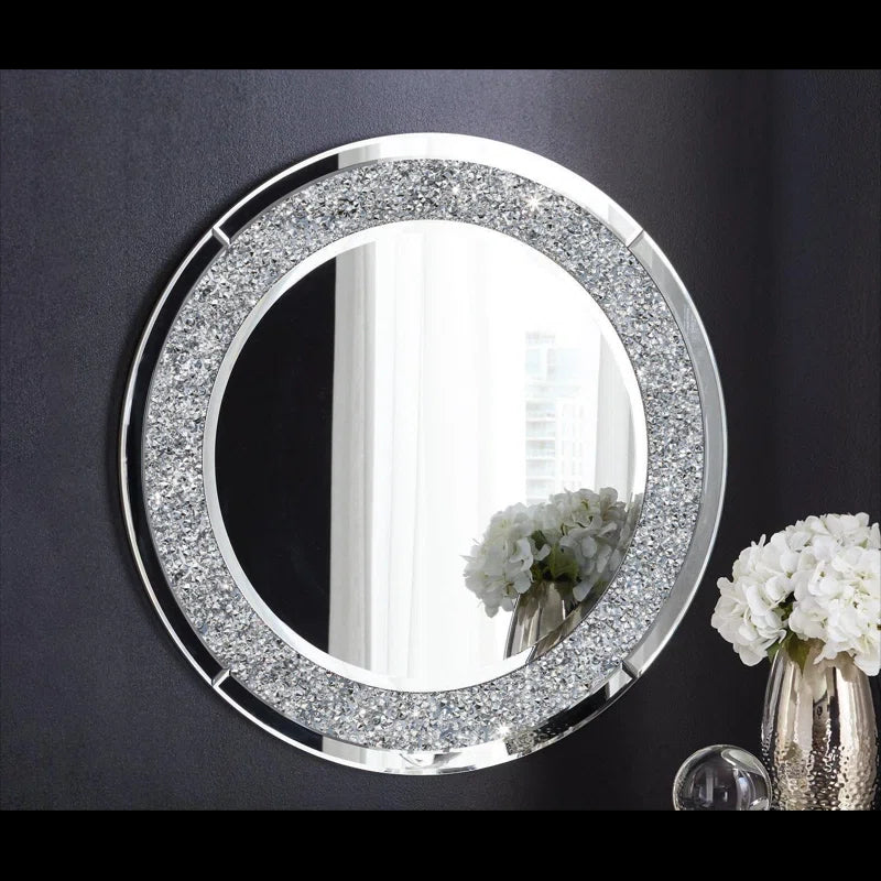 31.5" Crushed Diamond Decor Round Wall Mirror Silver Art Deco,Modern Mdf Glass,Mirror