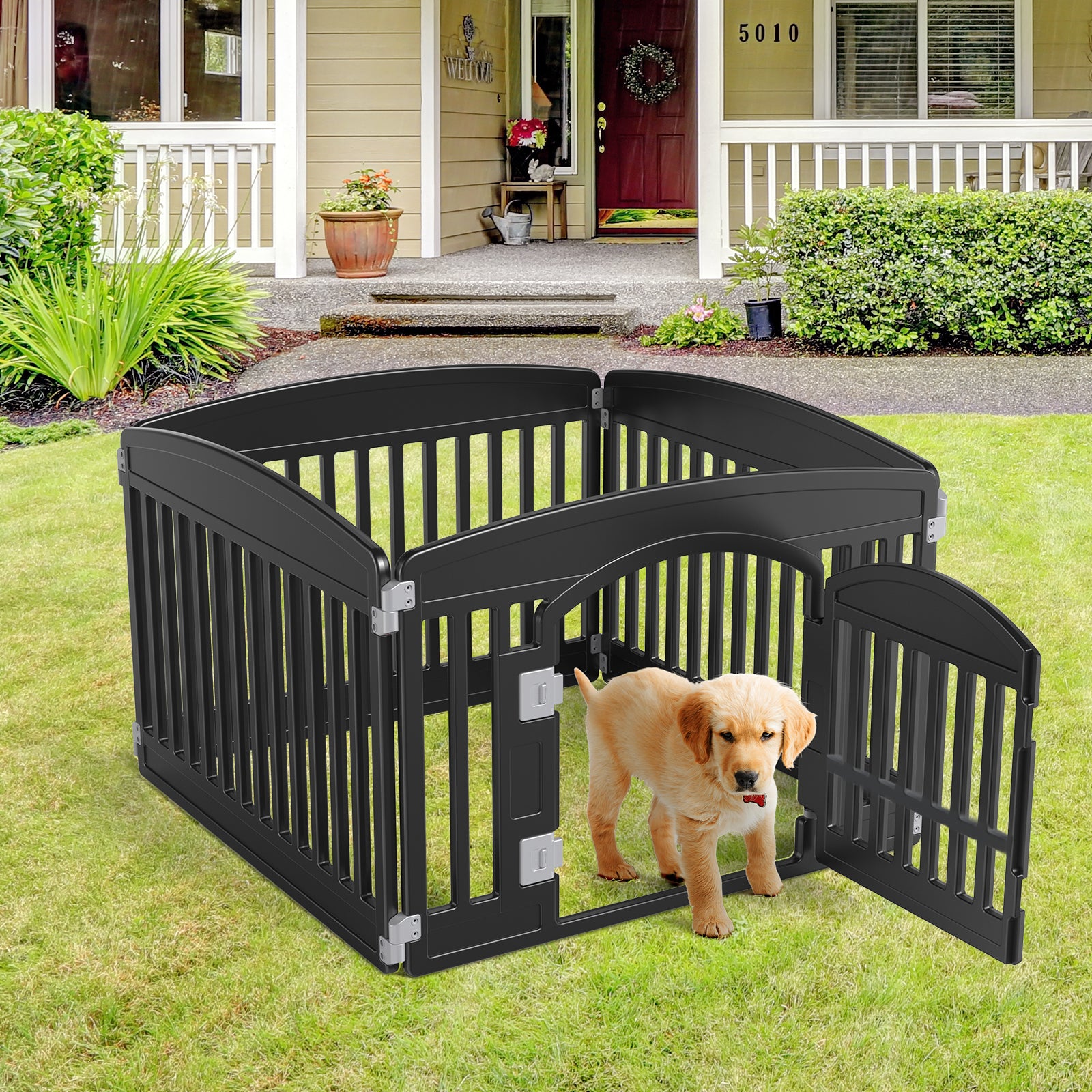Dog Playpen Adjustable Folding Portable Pet Fence For Small To Medium Dogs Indoor Outdoor Use,4 Panel,Black Black Plastic