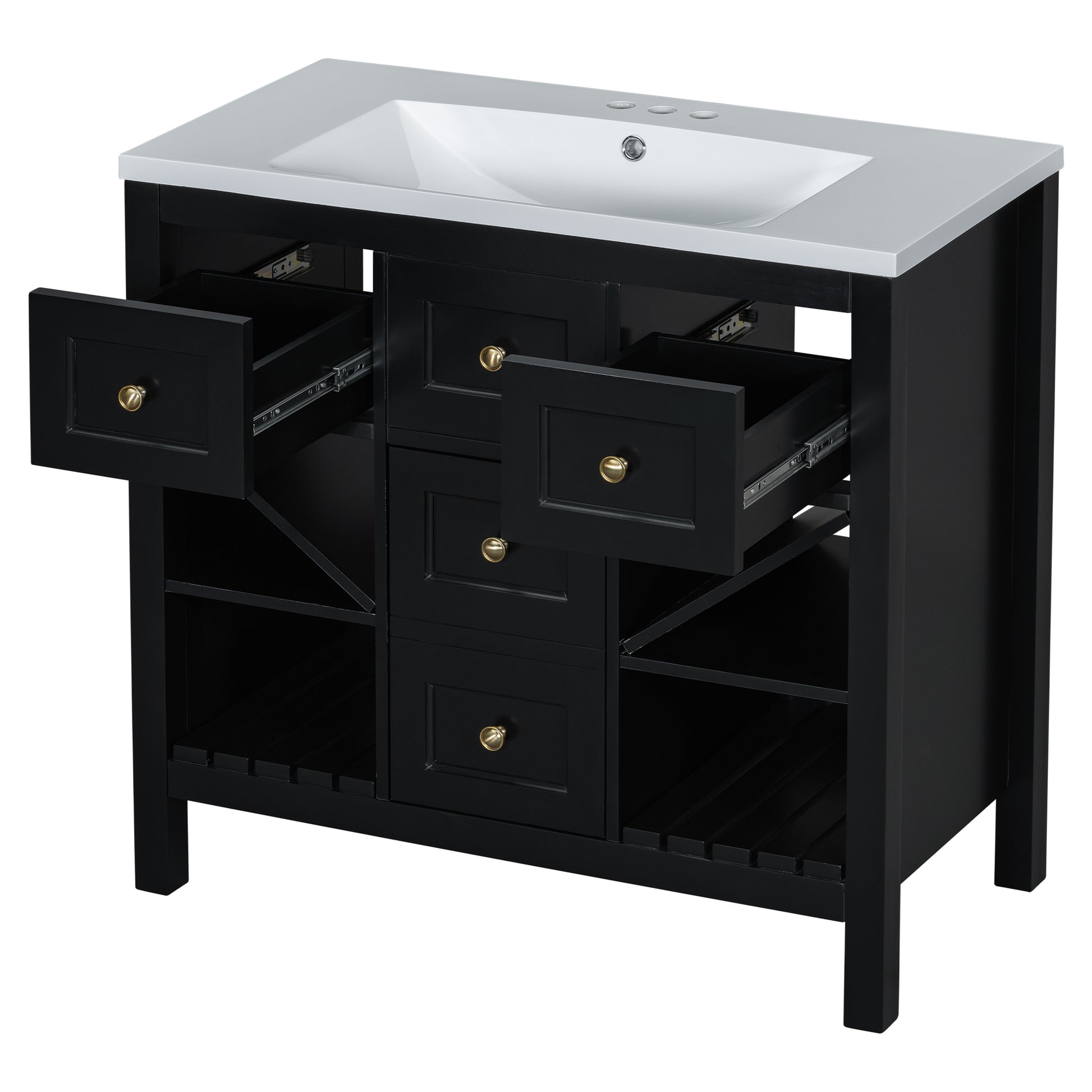 36'' Bathroom Vanity With Resin Sink Combo, Solid Wood Frame Bathroom Storage Cabinet, Freestanding Vanity Set With 5 Drawers& Soft Closing Doors Same As N710S136001B Black Bathroom Solid Wood Mdf Resin