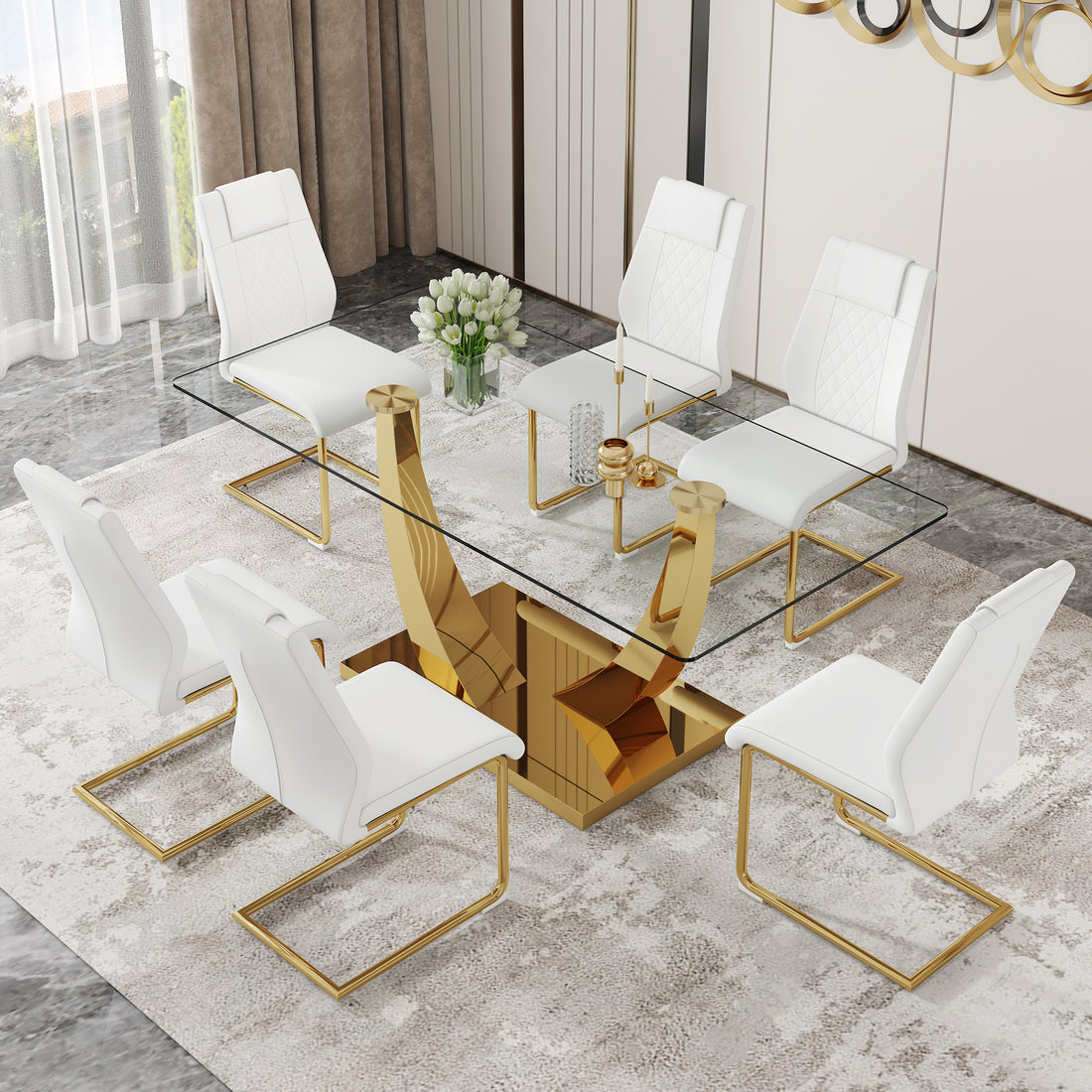 Table And Chair Set.Modern Rectangular Dining Table With Transparent Tempered Glass Tabletop And Gold Plated Metal Legs.Paried With 6 Comfortable Chairs With Pu Seats And Golden Metal Legs. Transparent,White Gold Seats 6 Glass Metal