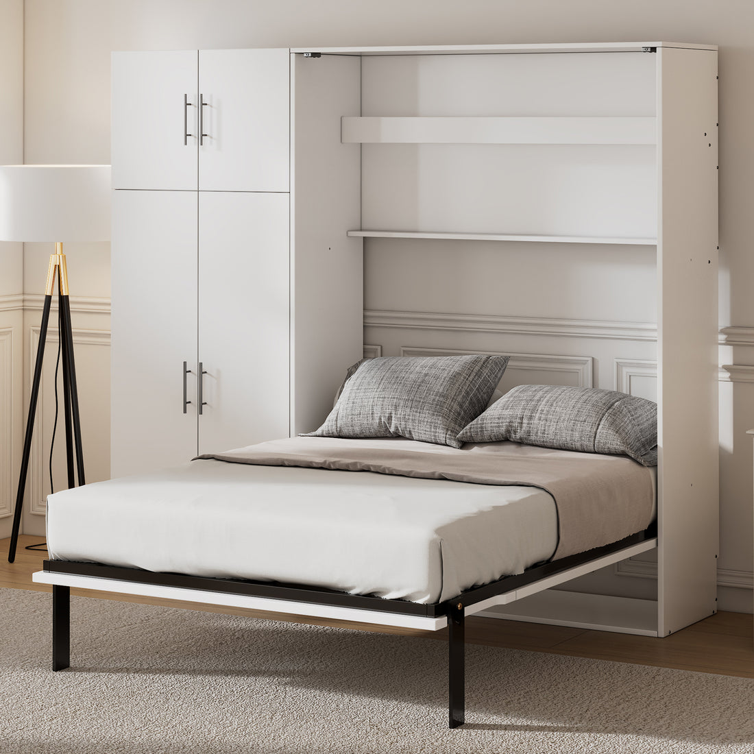 Full Size Murphy Bed With Lockers And Wardrobes, White Box Spring Not Required Full White Murphy Solid Wood Mdf