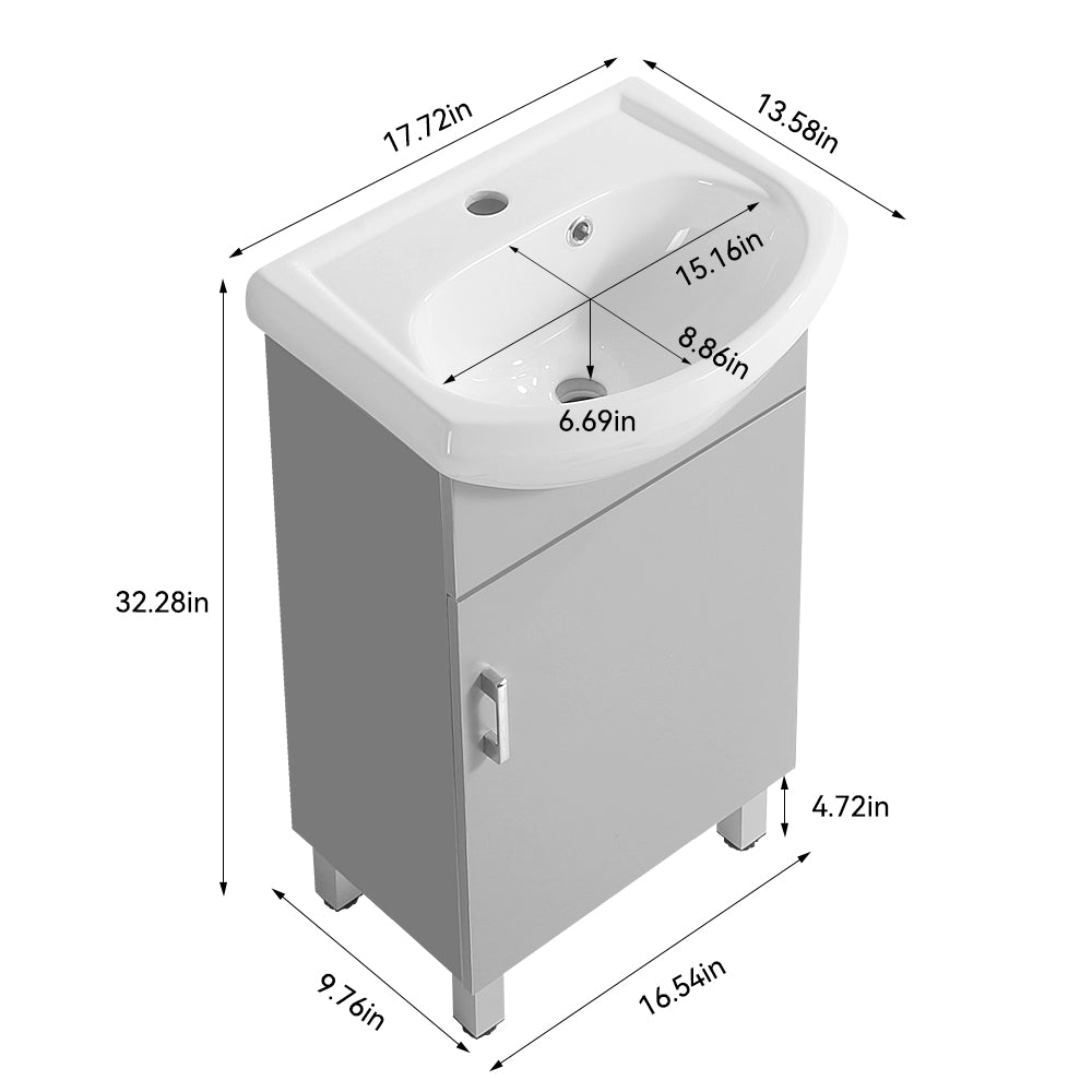 18 Inch Mini Bathroom Cabinet With Ceramic Sink Grey Grey Solid Wood