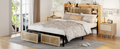 Bed Frame Queen Size With Storage Headboard And 2 Drawers, Upholstered Platform Bed With Charging Station And Led Light, Heavy Duty Frame Support, No Box Spring Needed, Noise Free, Natural Box Spring Not Required Queen Natural Metal Bedroom Modern Bed