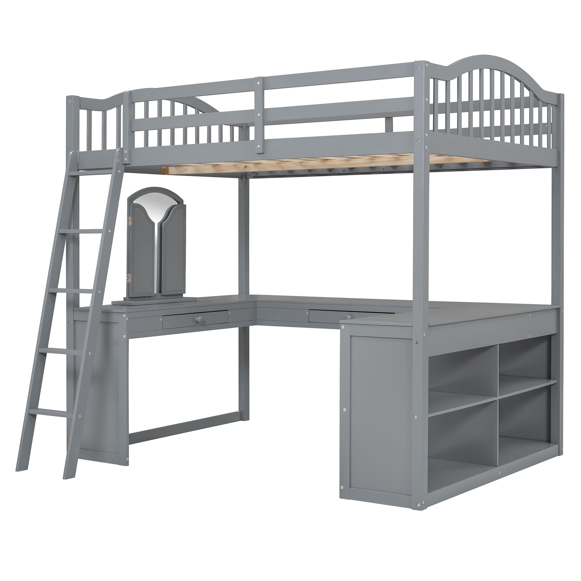 Full Wooden Loft Bed With U Shaped Desk,Storage Compartments And Tri Fold Mirror, Gray Gray Plywood,Solid Wood Mdf