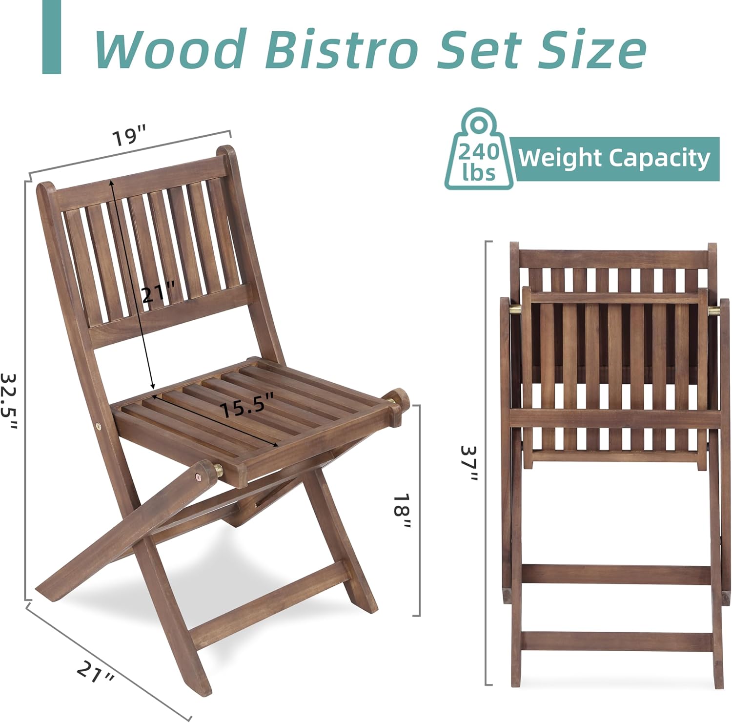 3 Piece Acacia Wood Bistro Set, Wooden Folding Patio Furniture For Garden Backyard Balcony Porch W 1 Coffee Table And 2 Foldable Chairs, Natural Stained Light Brown Acacia Wood