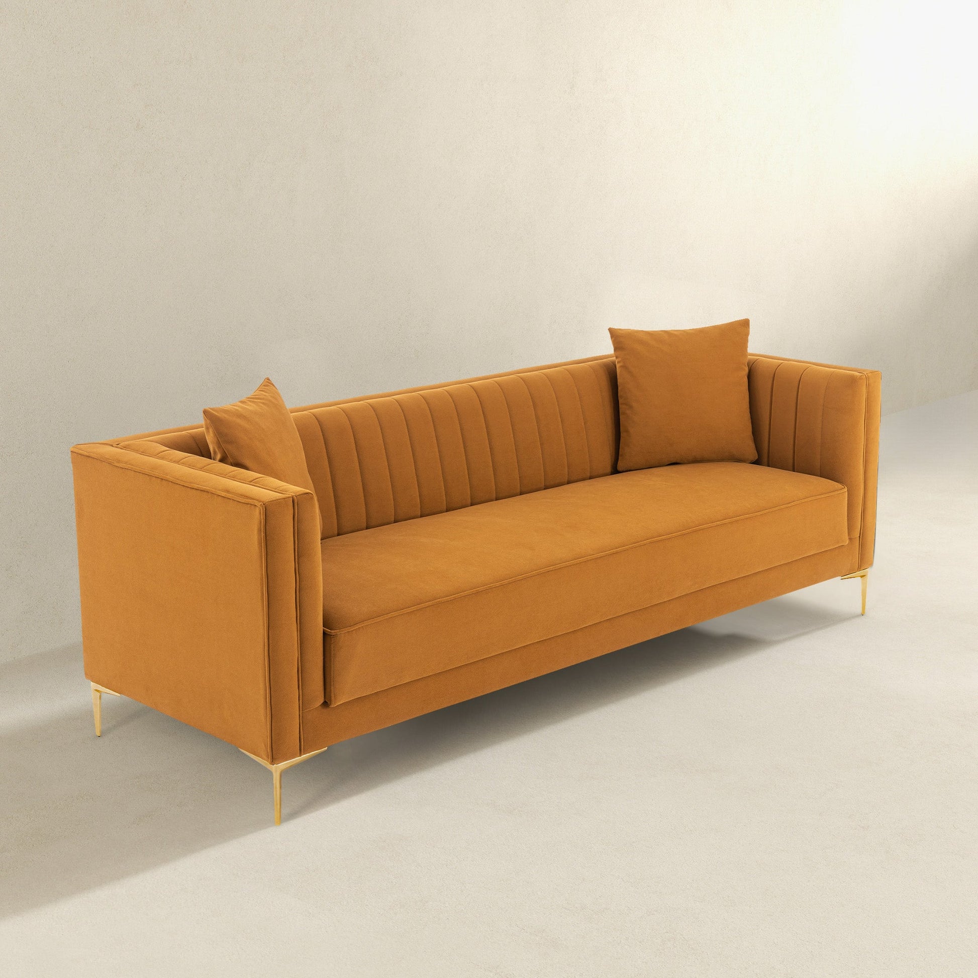 Angelina Sofa 91" Cognac Velvet Cognac,Gold,Rustic,Tan Velvet Mid Century Modern Foam Metal,Velvet 4 Seat