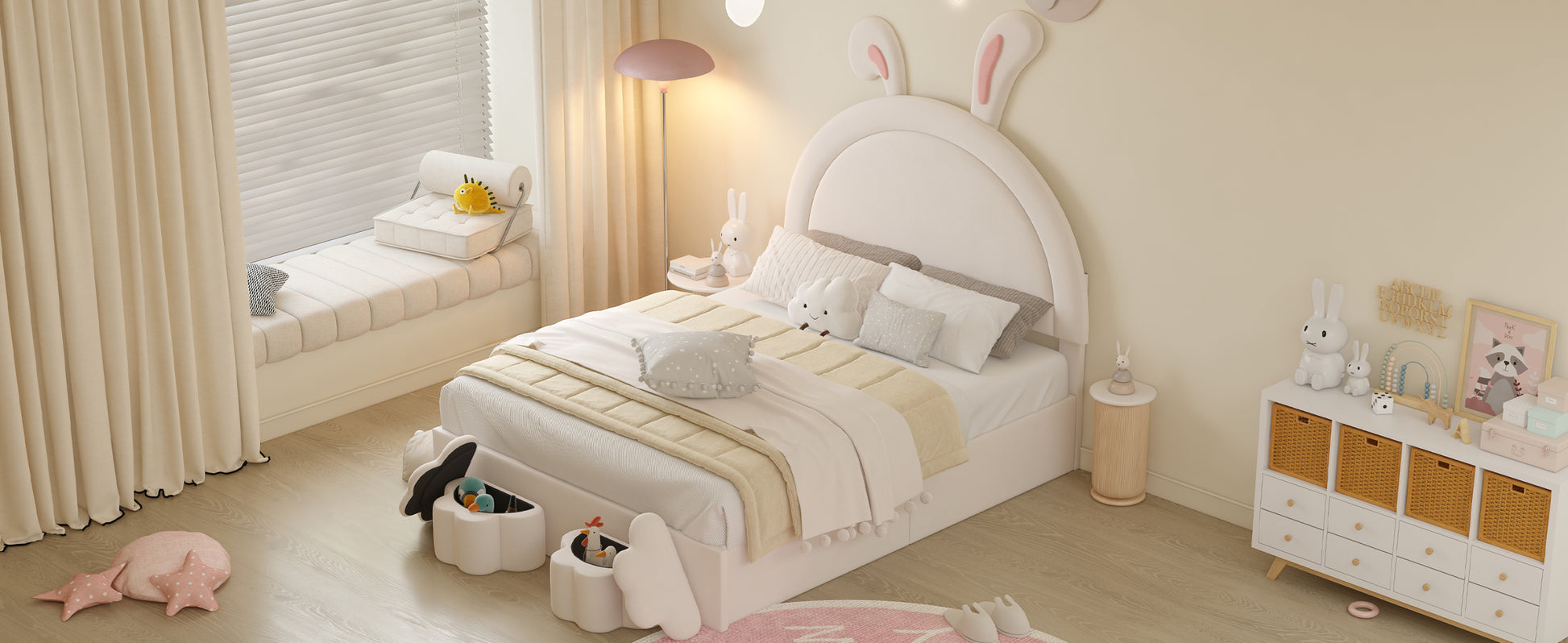 Full Size Upholstered Rabbit Shape Bed With 2 Storage Stools, Velvet Platform Bed With Cartoon Ears Shaped Headboard, White Full White Wood