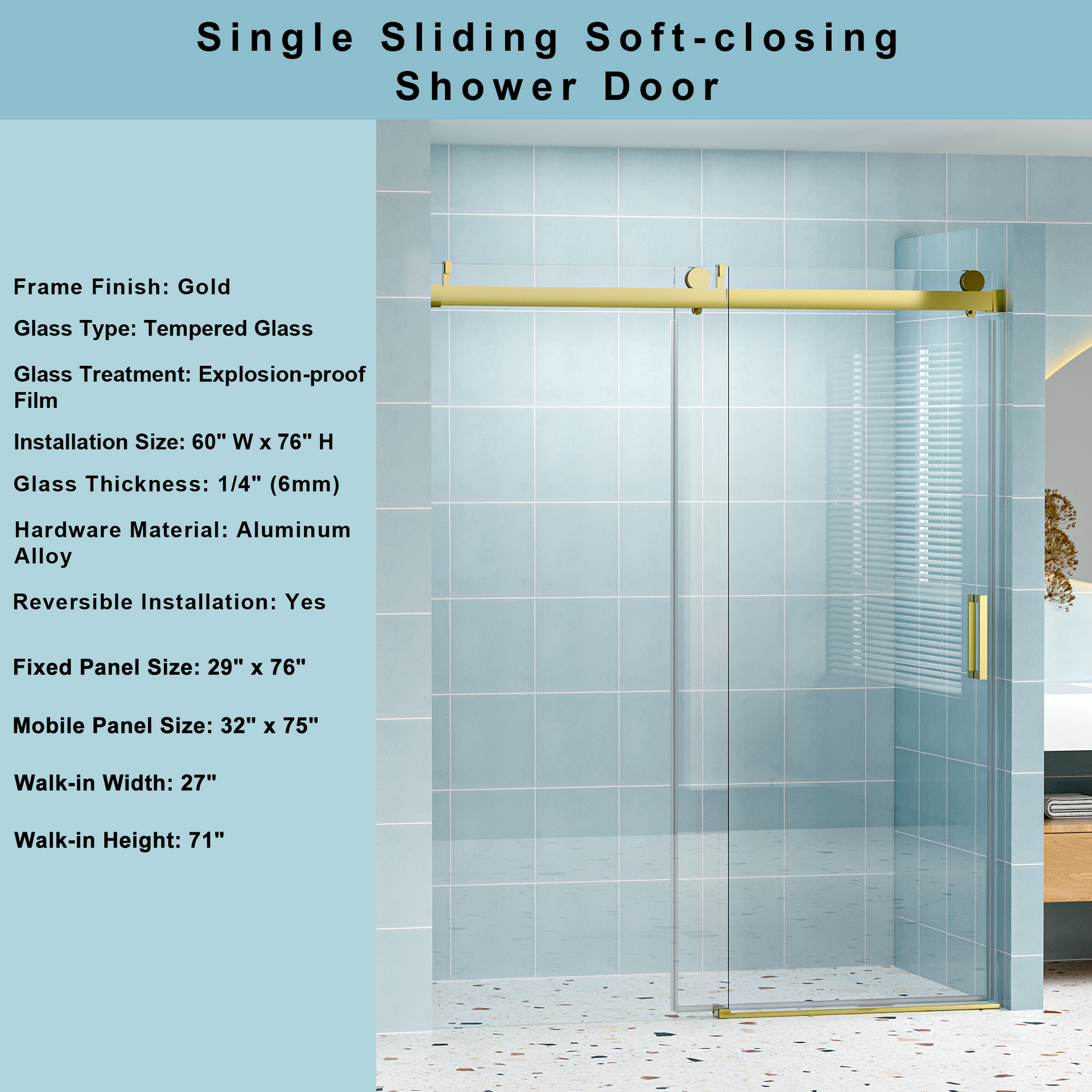 56" 60" W X 76" H Frameless Soft Closing Single Sliding Shower Door, 1 4" 6Mm Tempered Glass With Explosion Proof Coating Via Express Delivery, Gold 24D01 60Gx Gold Tempered Glass