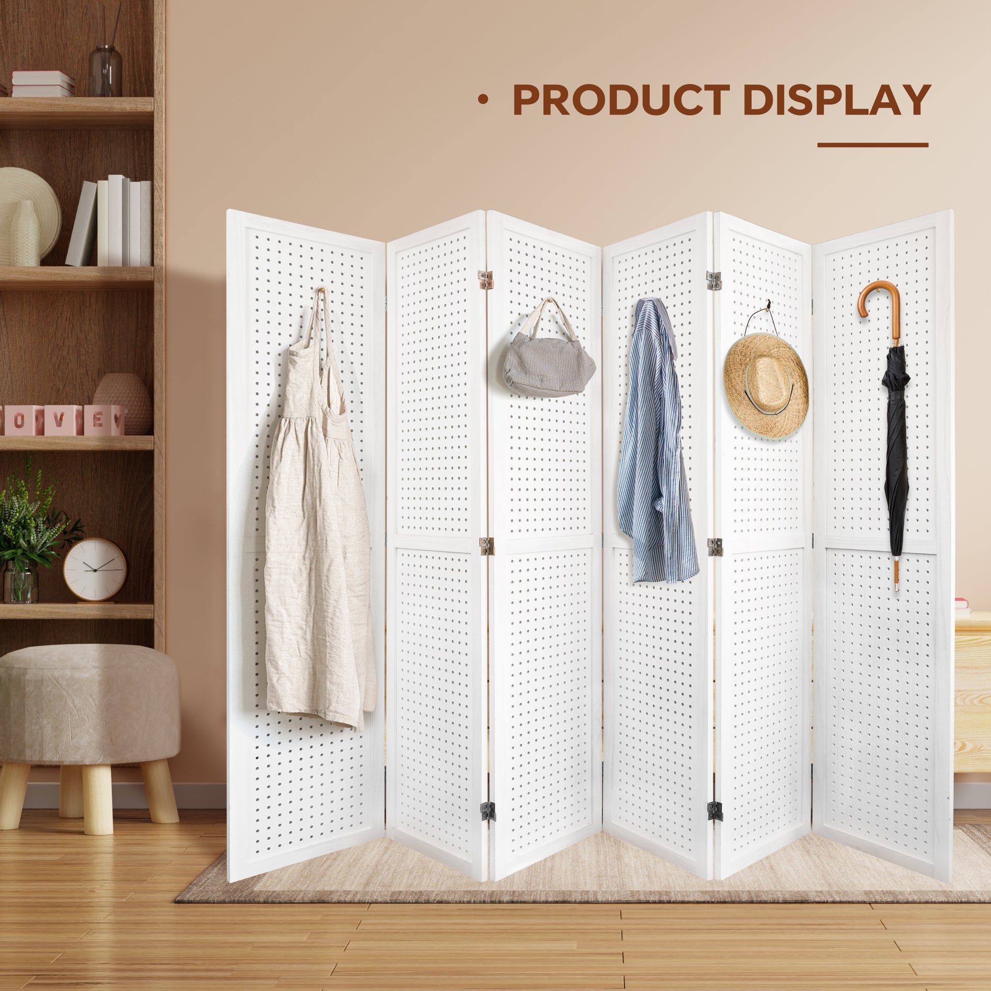 6 Panel Room Divider, 5.6Ft Pegboard Display Wooden Room Divider Folding Privacy Screen Room Divider Freestanding Peg Board Display For Trade Show Craft Show Home Wall Organizer,Elegant White White Modern Wood