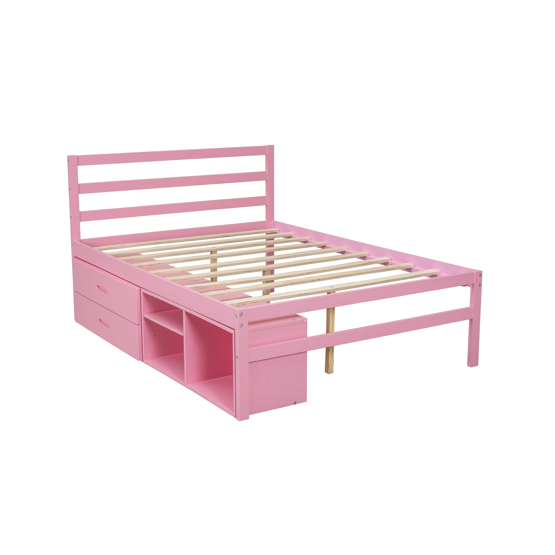 Full Size Wood Platform Bed With Removable Storage Shelves, Built In Two Storage Drawers For Added Convenience, Pink Full Pink Wood