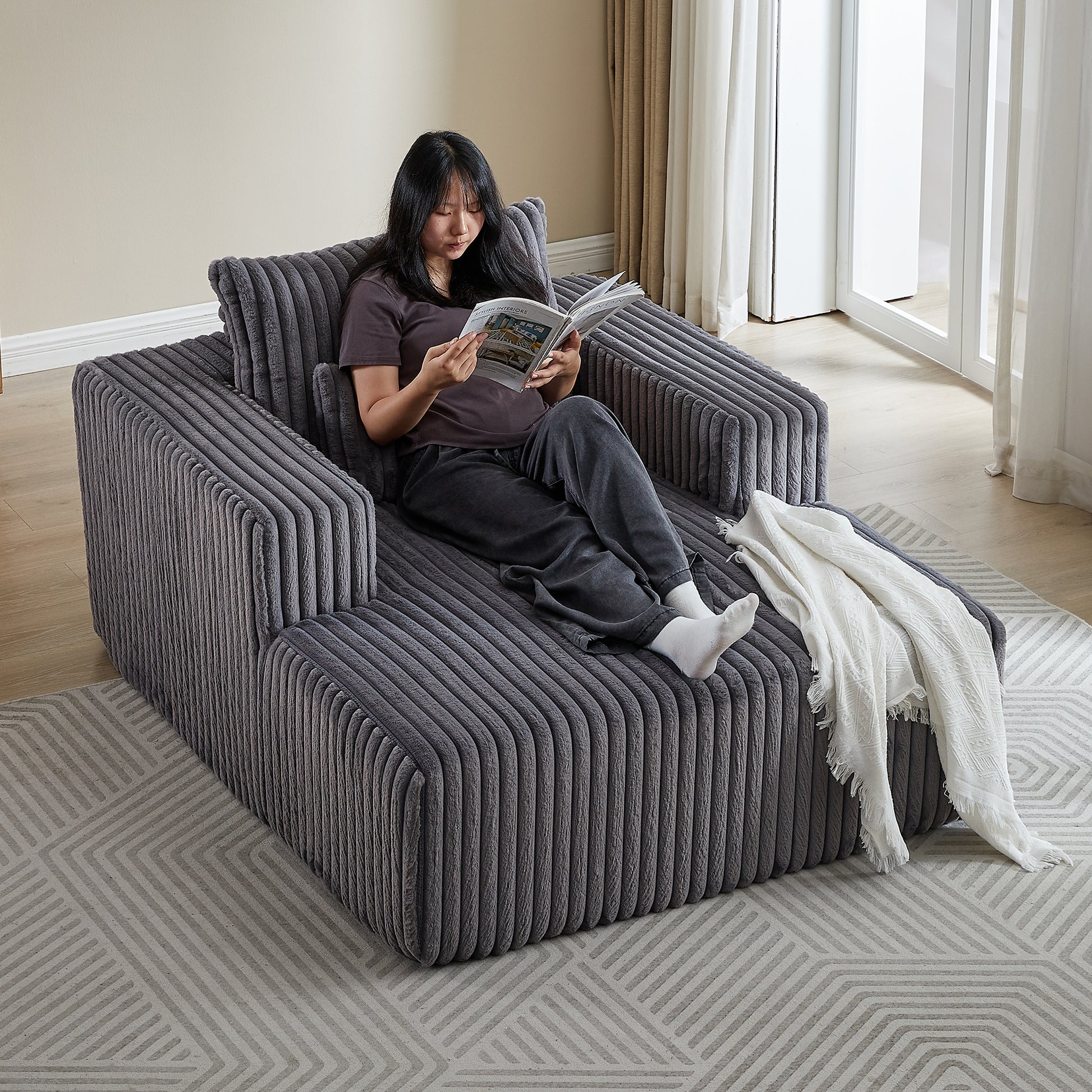 62.5 Inch Corduroy Sponge Sofa Lounge Chair,No Assembly Required,Fluffy Modern Sleeper Chair For Indoor Living Room Bedroom Grey Foam Corduroy 1 Seat