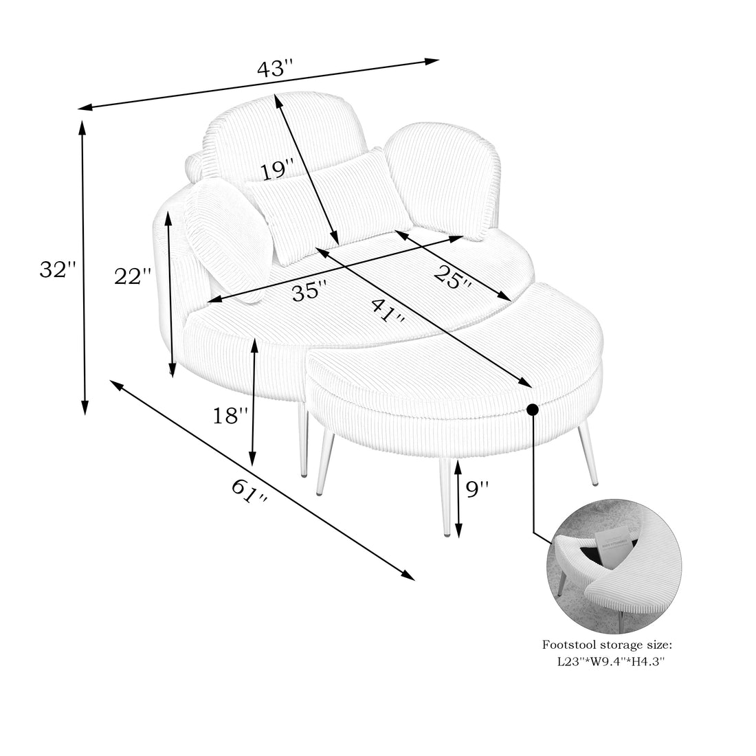 43 Inches Single Grey Comfortable Chair, Single Chair Soft And Comfortable, Suitable For Meeting Room, Living Room, Bedroom Gray Corduroy 1 Seat