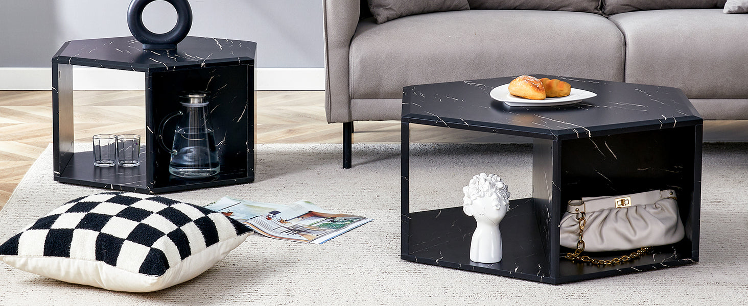 Modern Minimalist Black Hexagonal Coffee Table Set.Hexagonal Mdf Coffee Table, Characteristic Pattern Stickers, Multi Hole Design To Give More Storage Space.Two Coffee Tables Of Different Sizes.