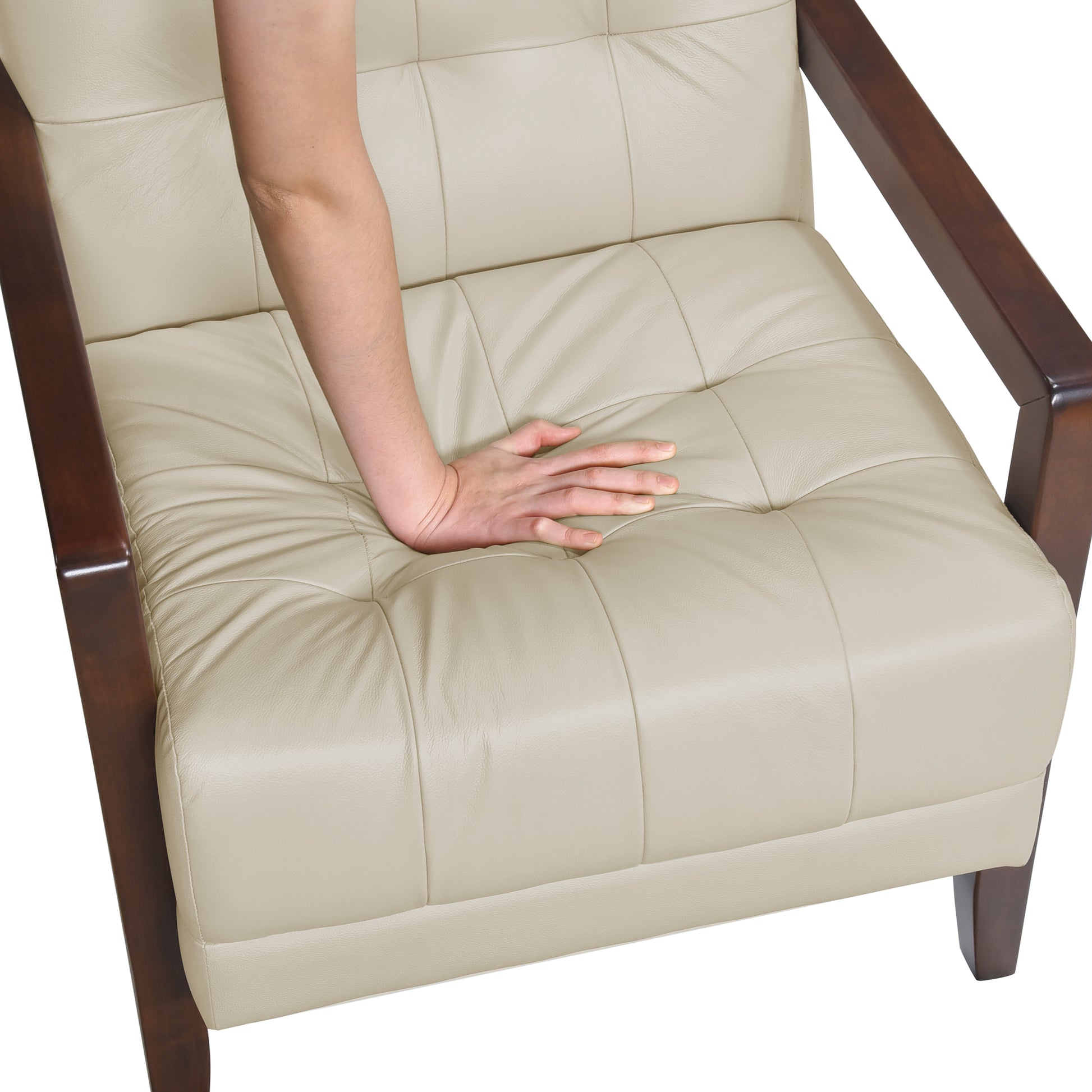 Modern Style Accent Chair Beige Leather Upholstered Tufted Detail Walnut Finish Wood Furniture 1Pc Beige Primary Living Space Contemporary,Modern Plywood
