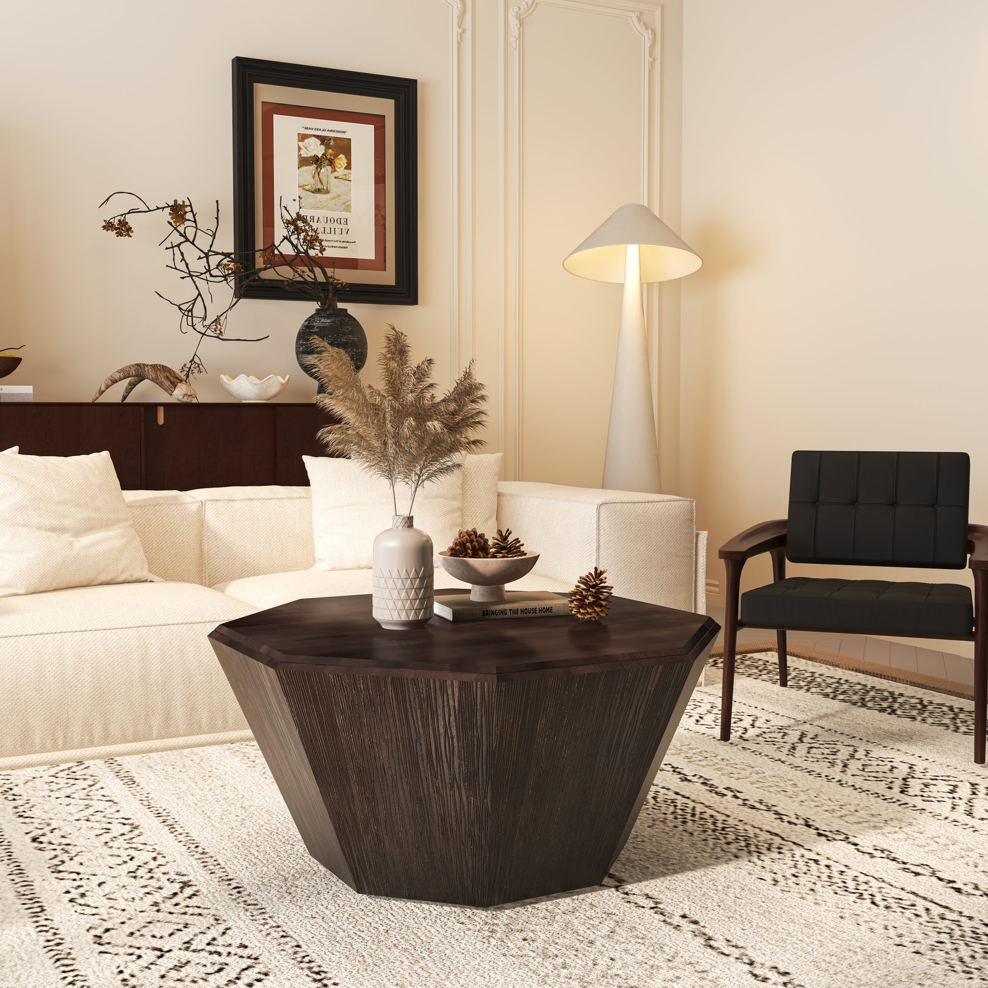 31.5 "Octagonal Black Walnut Rubber Wood Coffee Table, Coffee Table, Living Room Bedroom Walnut Rubber Wood