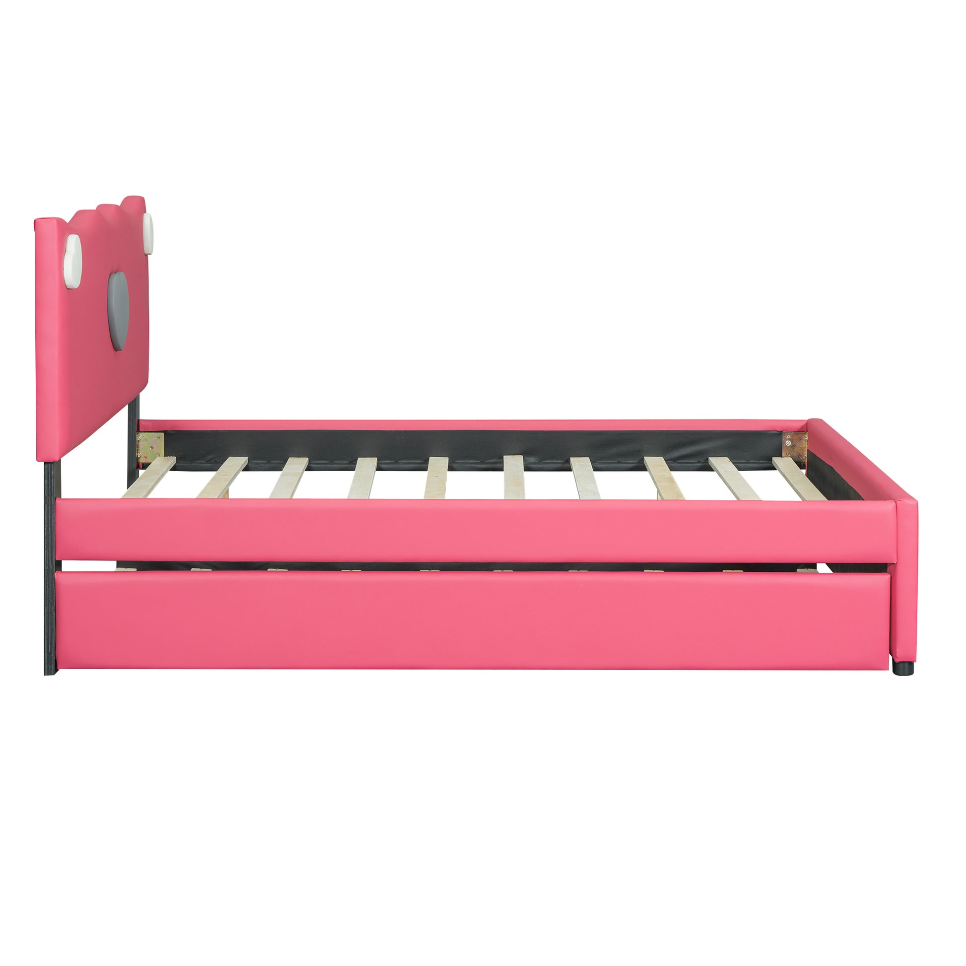 Full Size Upholstered Platform Bed With Trundle And Heart Shaped Decoration, Dark Pink Box Spring Not Required Full Dark Pink Wood Bedroom Bed Frame Faux Leather Upholstered
