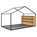 Full Size Metal Bed House Bed Frame With Shelves And Lights, Black Full Black Metal & Wood