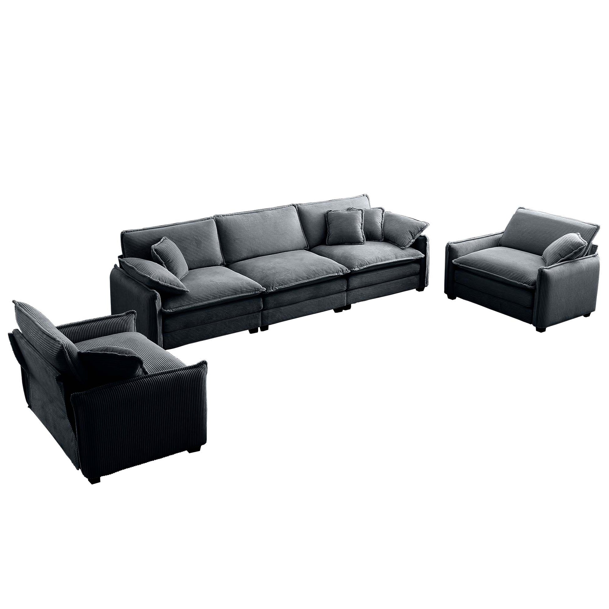 Warm And Cozy Sofa Set With Soft Cushions And Pillows, Home Theater Style Sofa Set Consisting Of A 3 Seater Sofa And Two Single Sofas Ingrey Corduroy Fabric Grey Corduroy 5 Seat
