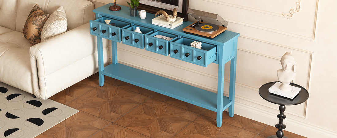Rustic Entryway Console Table, 60" Long Sofa Table With Two Different Size Drawers And Bottom Shelf For Storage Turquoise Green Turquoise Green Solid Wood