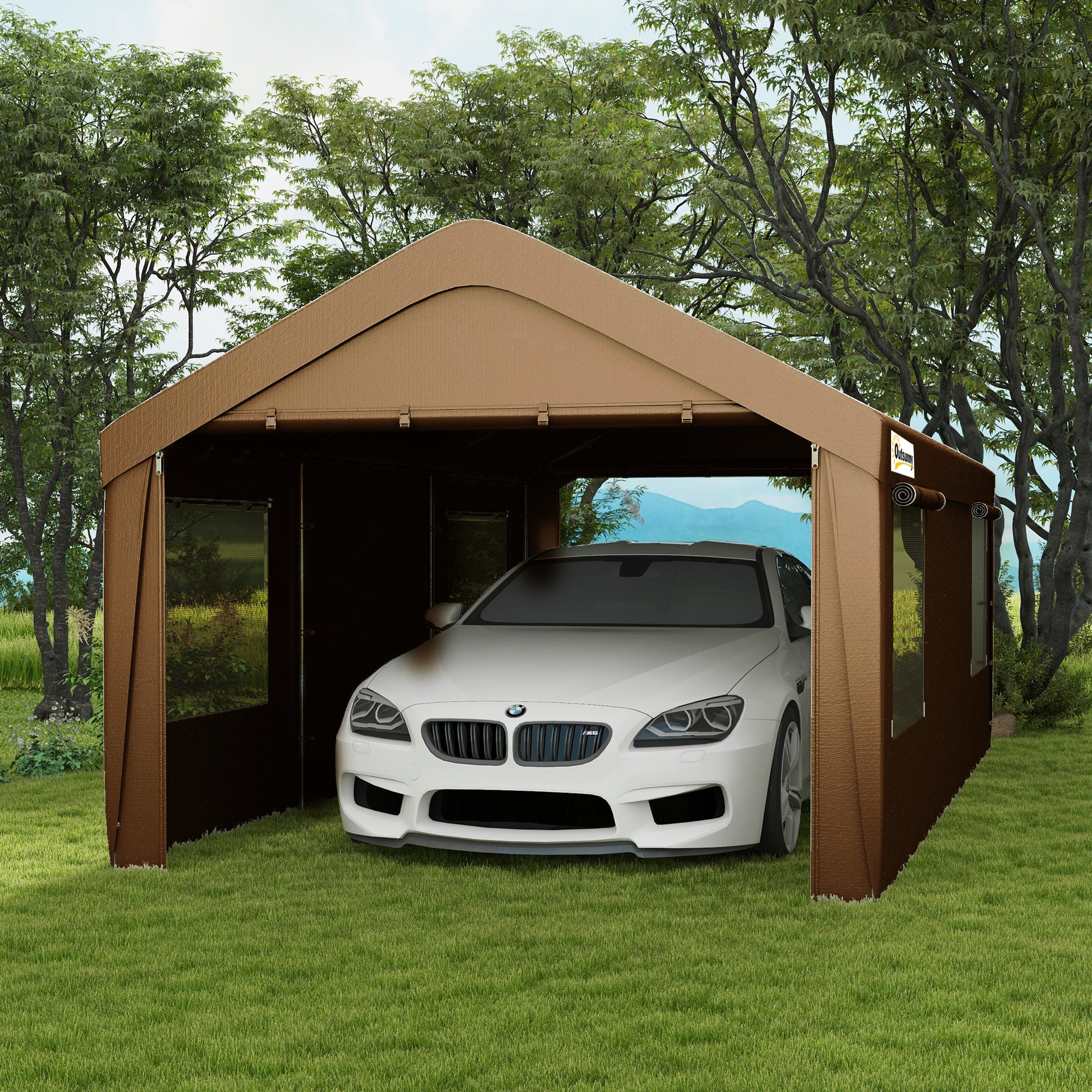 Outsunny Carport 10' X 20' Portable Garage, Heavy Duty Car Port Canopy With 2 Roll Up Doors & 4 Ventilated Windows For Car, Truck, Boat, Garden Tools, Tan Tan Steel