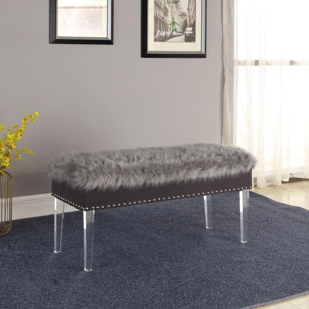 20" Tall" Horice" Mid Century Modern Tufted Storage Bench, Gray With Faux Fur Gray Faux Fur