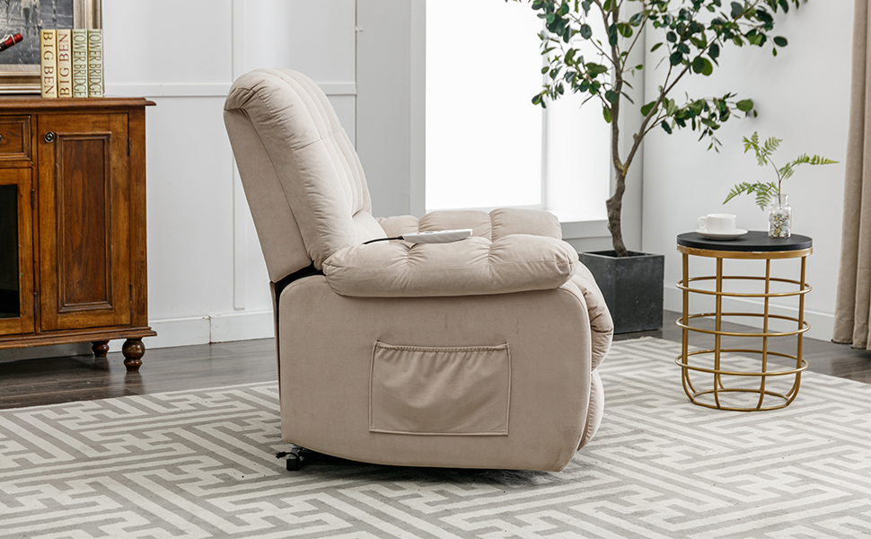 Massage Recliner Chair Electric Power Lift Recliner Chairs With Heat, Vibration, Side Pocket For Living Room Bedroom, Beige Beige Velvet