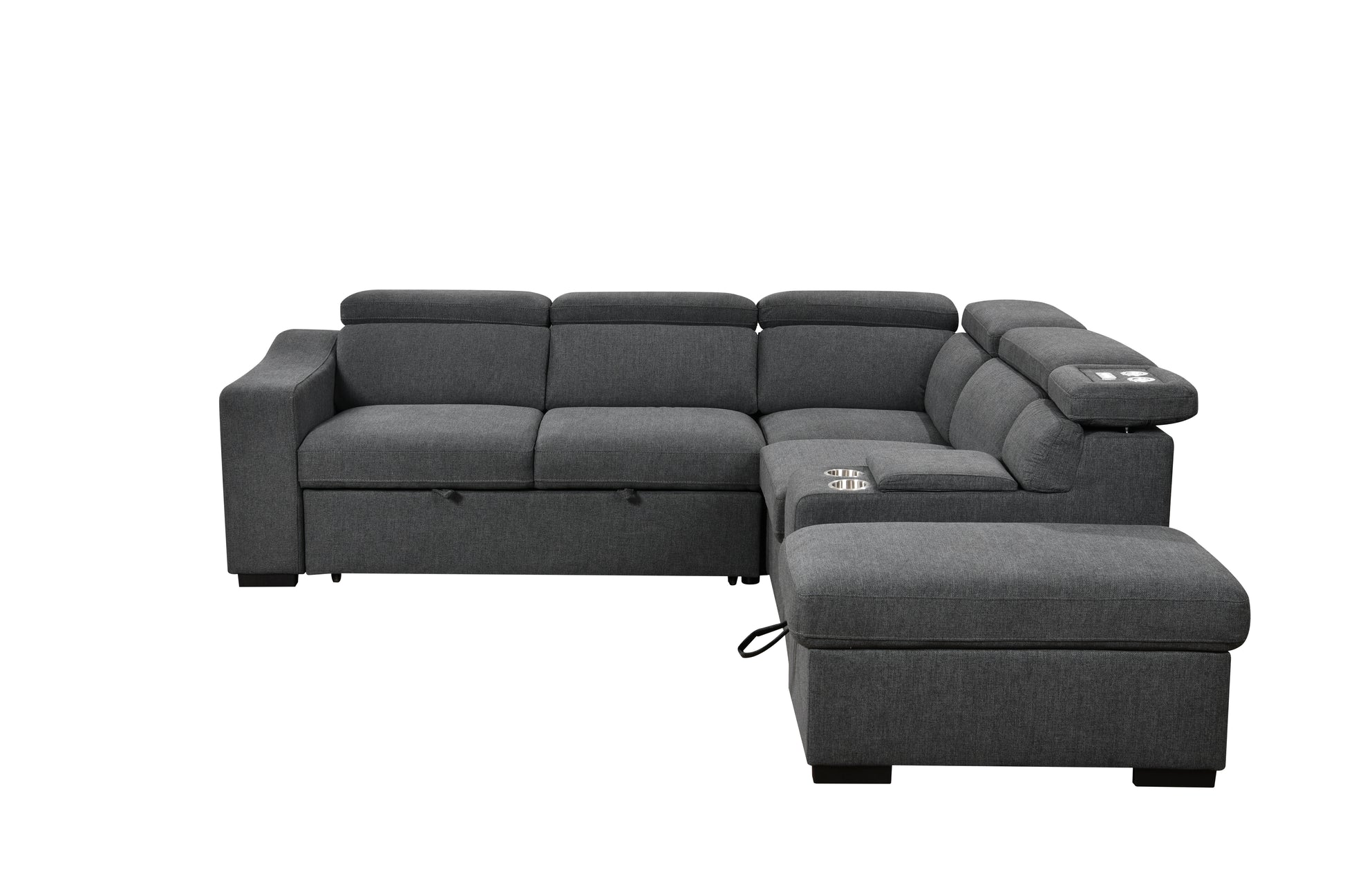 105"L Shape Sectional Sofa With Pull Out Bed And Ottoman Storage Space, Right Chaise Longue,Convertible Sleeper Couch, Tea W 2 Cup Holders & Storage & W Led, For Living Room, Apartment, Dark Gray