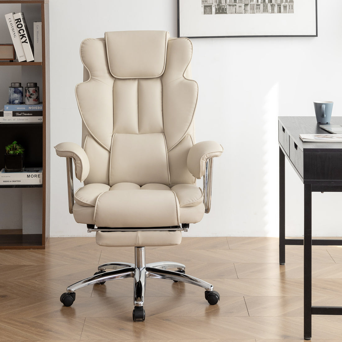 Office Chair, Big And Tall Executive Office Chair With Footrest, Leather Computer Chair, Ergonomic Reclining Chair High Back With Lumbar Support, Large Home Office Chair Beige Beige Pu Leather