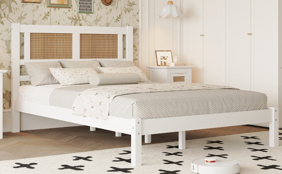 Full Size Wooden Platform Bed With Natural Rattan Headboard, Exquisite Elegance With Minimalist Charm For Bedroom, White White Particle Board