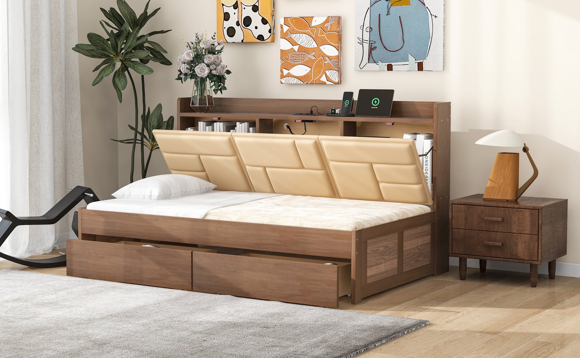 Twin Size Wood Daybed With Upholstered Storage Shelves, Usb Ports And 2 Drawers, Wood Color Box Spring Not Required Twin Wood Wood Bed Frame Solid Wood Mdf