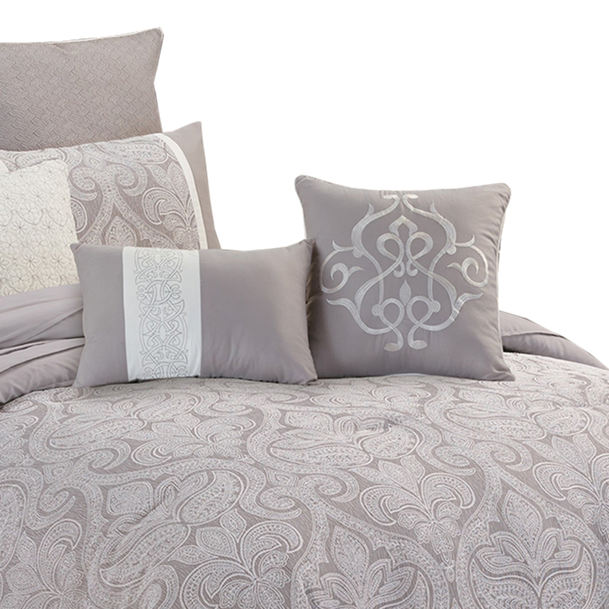 Queen Size 9 Piece Fabric Comforter Set With Medallion Prints, White Queen Multicolor Fabric