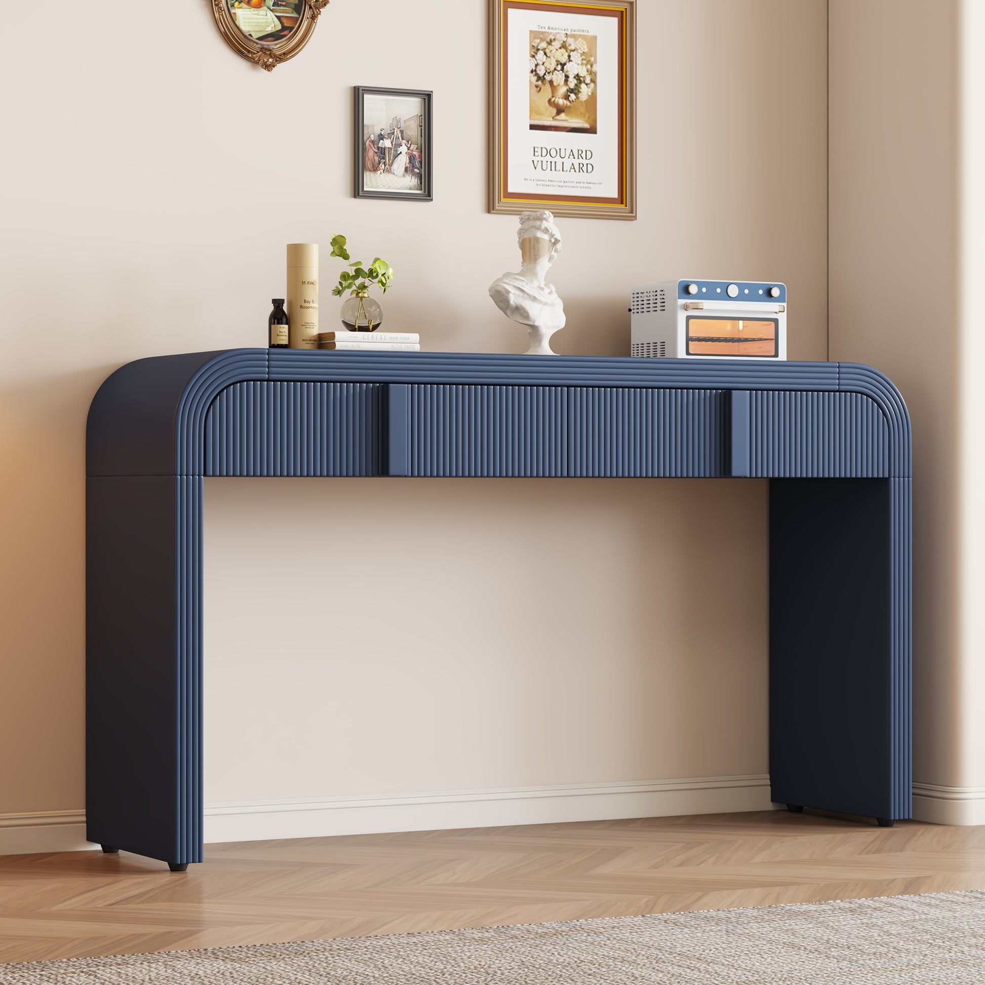 Unique Modern Rounded And Smooth Surface Console Table With 2 Drawers For Living Room And Entryway Navy Blue Navy Blue Primary Living Space Drawers Glossy Mdf