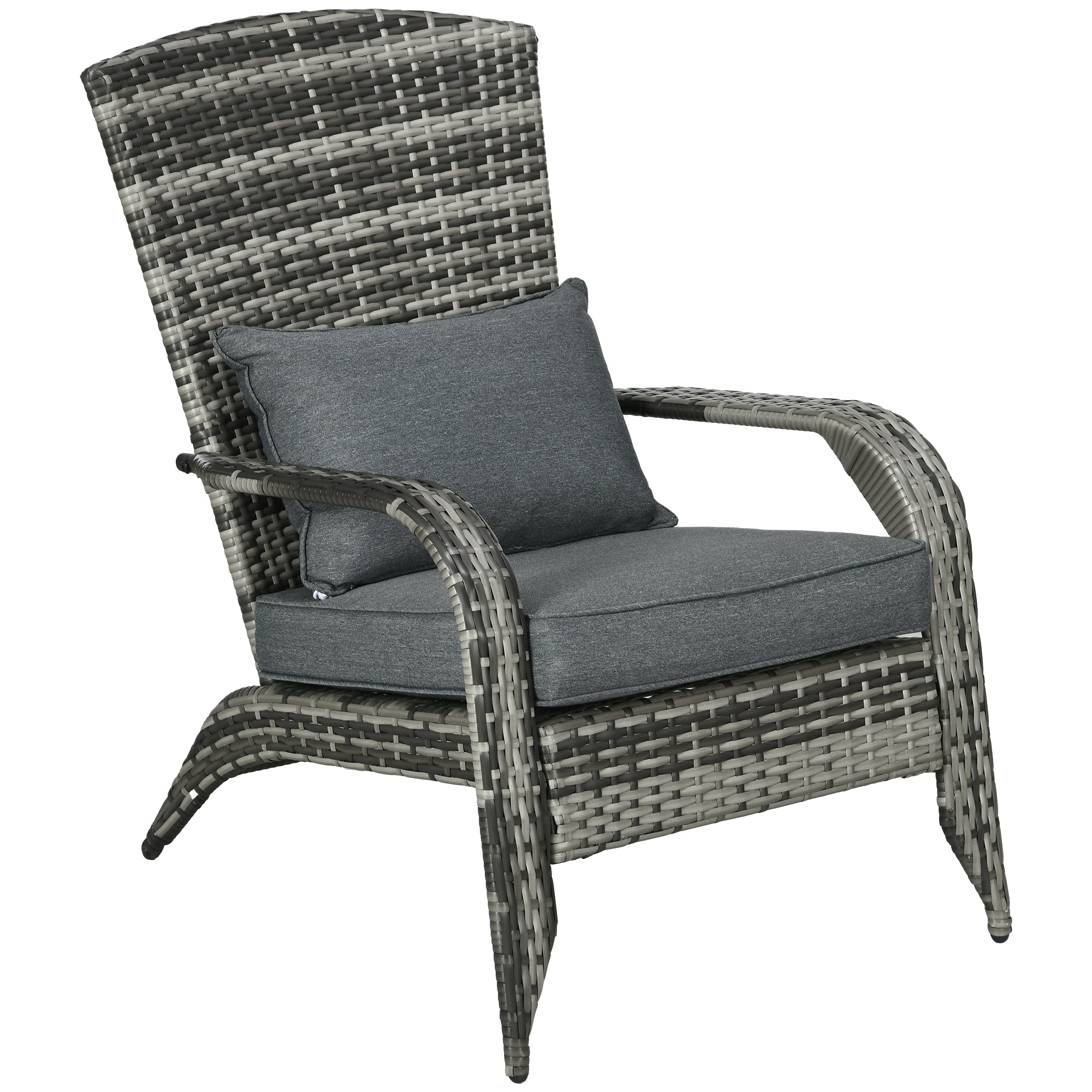 Outsunny Patio Wicker Adirondack Chair, Outdoor All Weather Rattan Fire Pit Chair W Soft Cushions, Tall Curved Backrest And Comfortable Armrests For Deck Or Garden, Gray Grey Steel