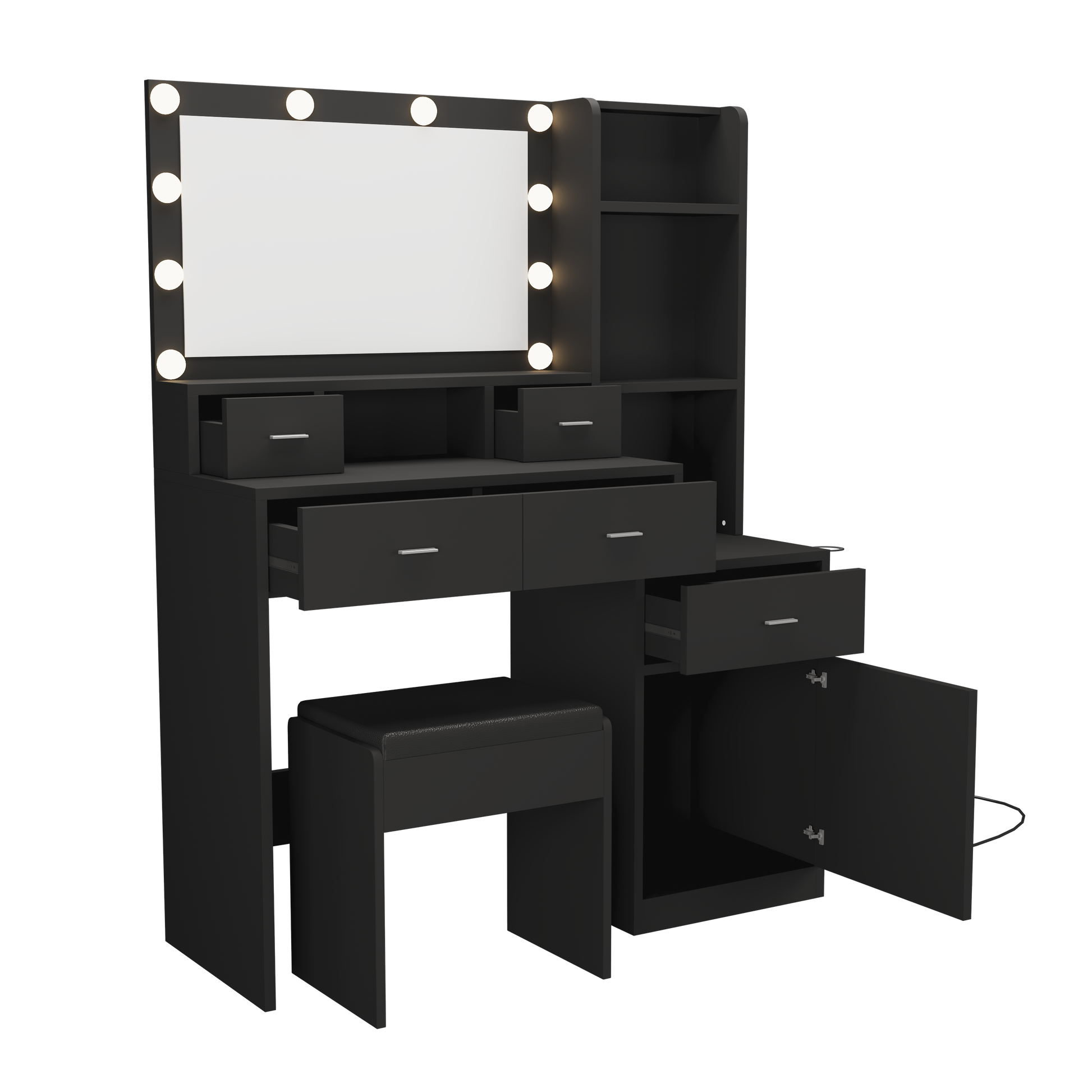 The Black Vanity With A Mirror Is Equipped With A Hair Dryer Rack, And The Dressing Tables In The Bedroom And Dressing Room Are Equipped With Dressing Mats Black 5 Drawers & Above Bedroom American