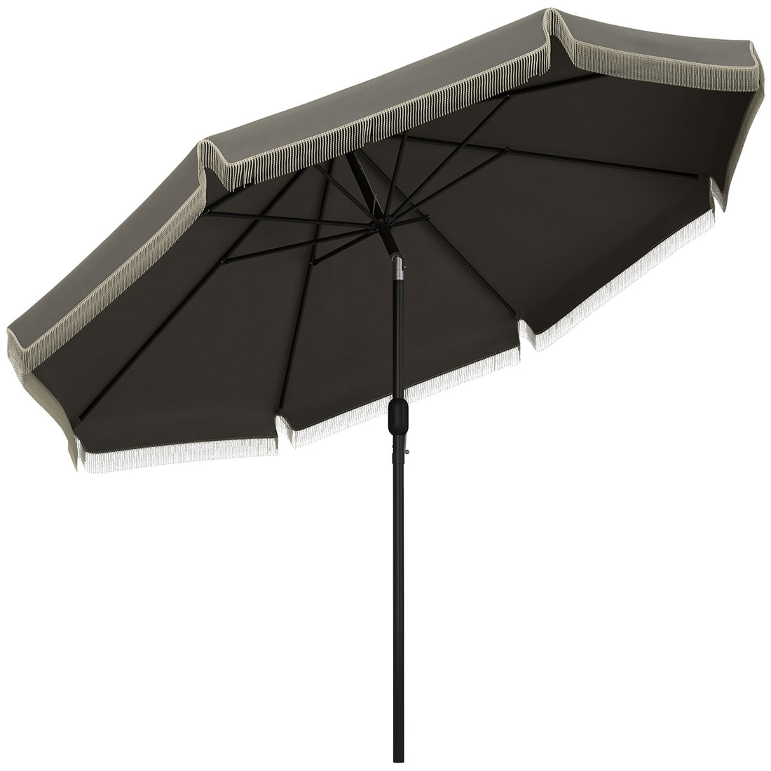 Outsunny 9Ft Patio Umbrella With Push Button Tilt And Crank, Ruffled Outdoor Market Table Umbrella With Tassles And 8 Ribs, For Garden, Deck, Pool, Dark Gray Dark Grey Polyester