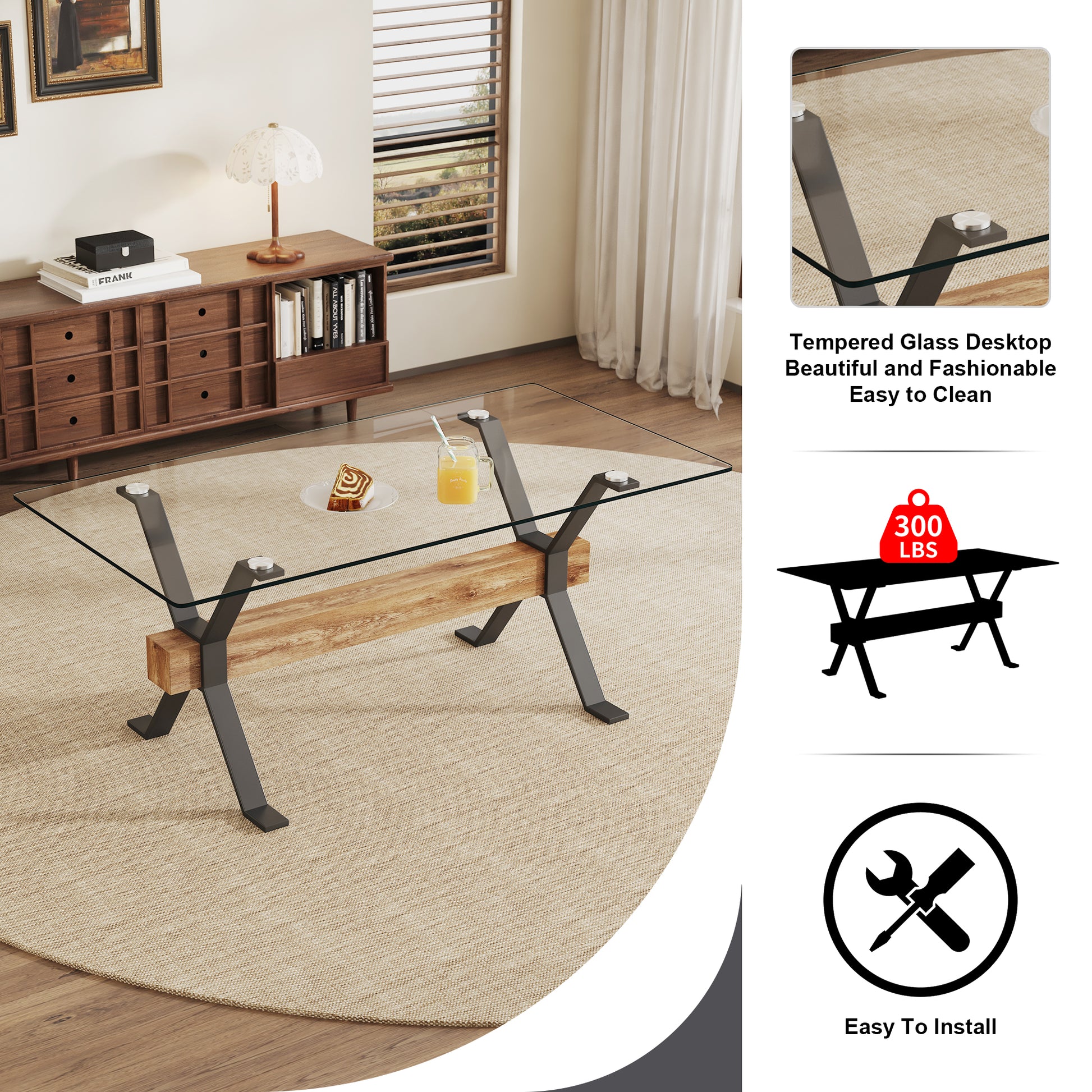 Dining Table. Modern Tempered Glass Dining Table. Large Modern Office Desk With Black Metal Legs And Mdf Crossbars, Suitable For Home And Office Use. 6 High End Cushioned Seats.F1105 B0501A Transparent Mdf Glass