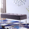 18 Inch Storage Bench Trim W Acrylic Clear Legs, Gray Tufted Brown Wood