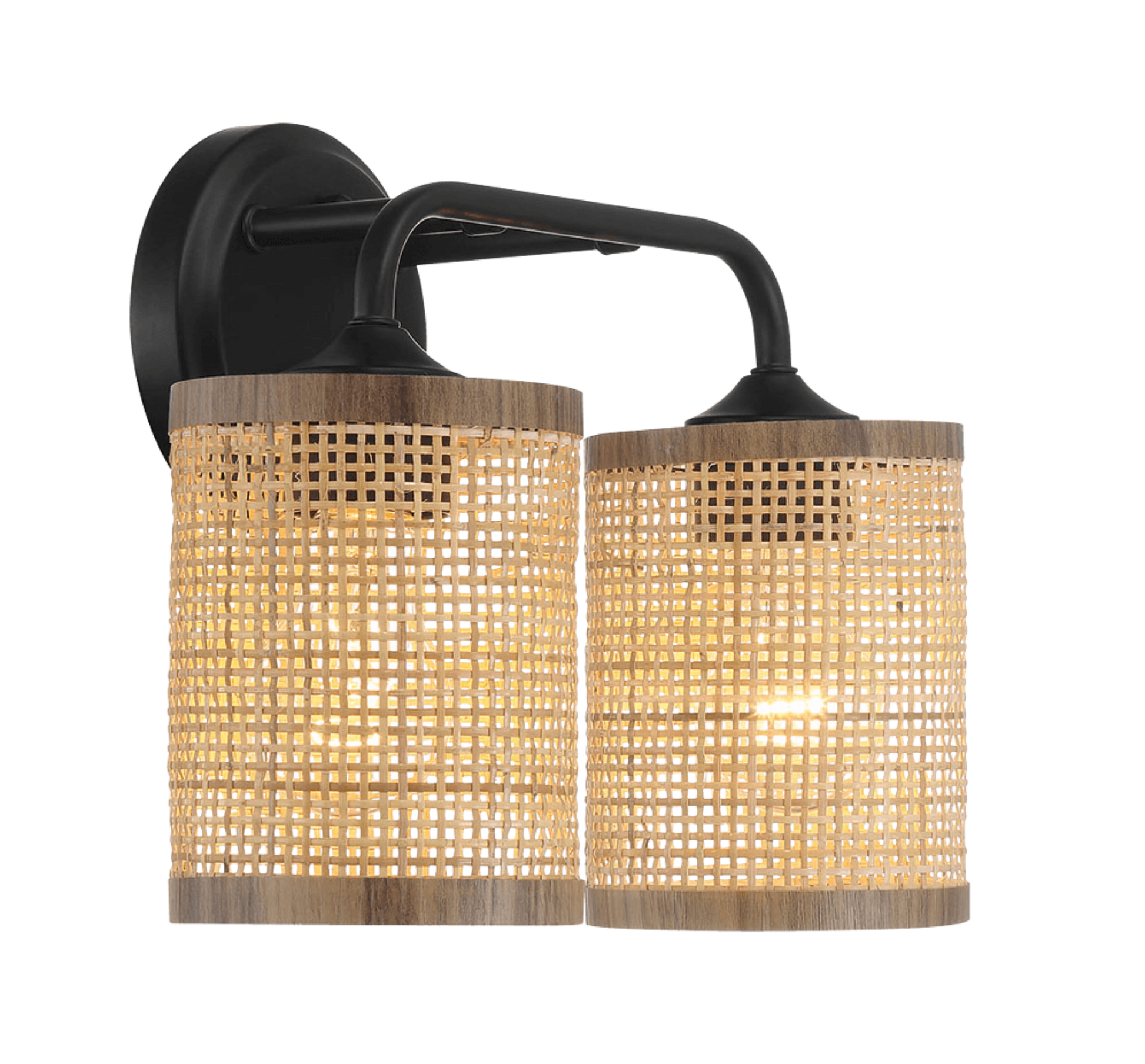 Quell Double Light Vanity With Natural Rattan Shade Wall Lamp Black,Rattan Metal,Rattan