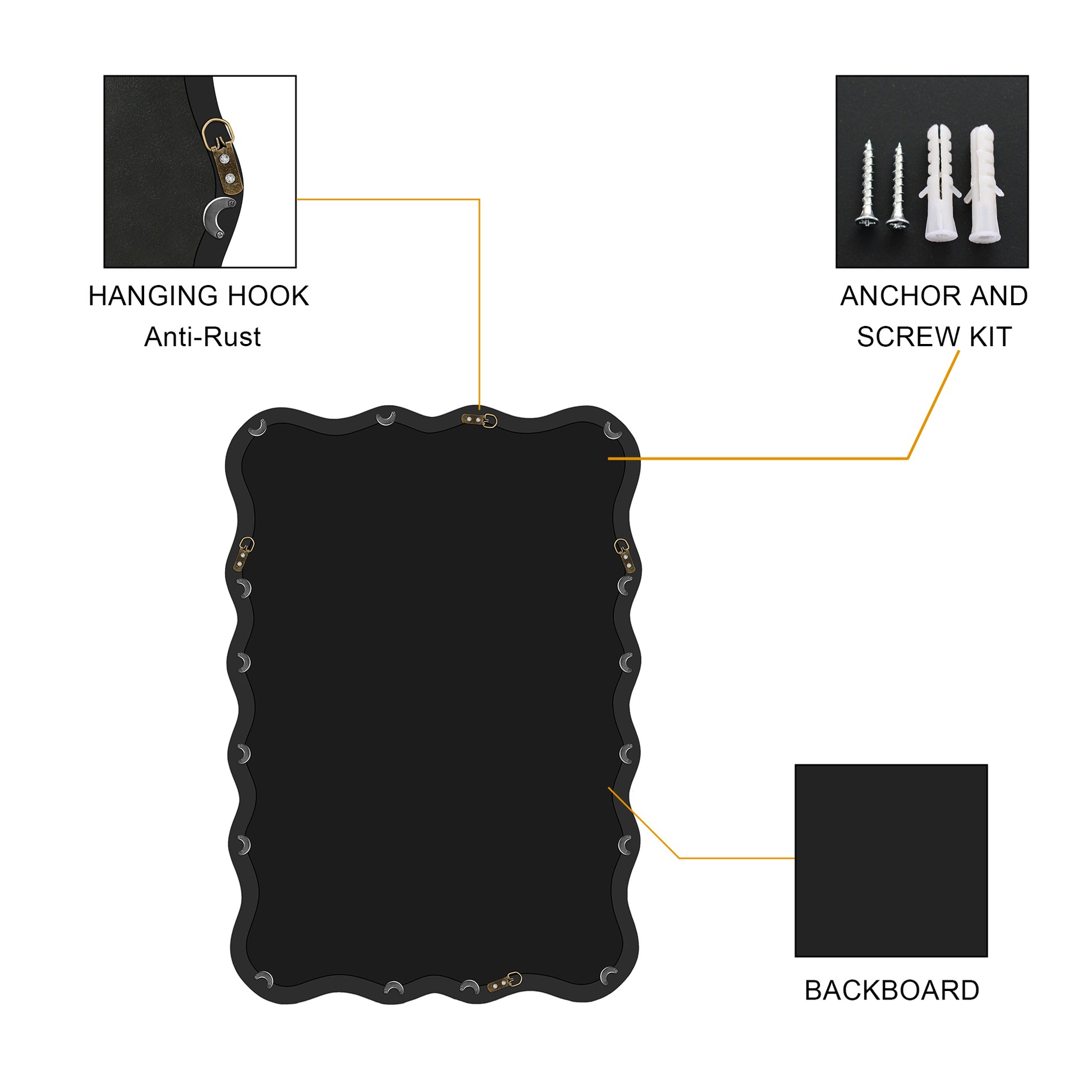 Solid Wood Wavy Rectangle Mirror Black 40" X 28" Modern Mirror Wall Decor For Bathroom, Bedroom, Living Room, Dining Room, Cloakroom, Entryway Antique Black Glass Solid Wood