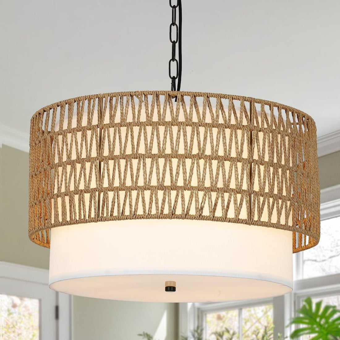 Farmhouse Chandeliers For Dining Room,5 Light Rattan Boho Chandelier Light Fixture With Fabric Shade,Hand Woven Large Rattan Dining Room Light Fixture For Kitchen Bedroom Island Hallway Brown Rattan Metal