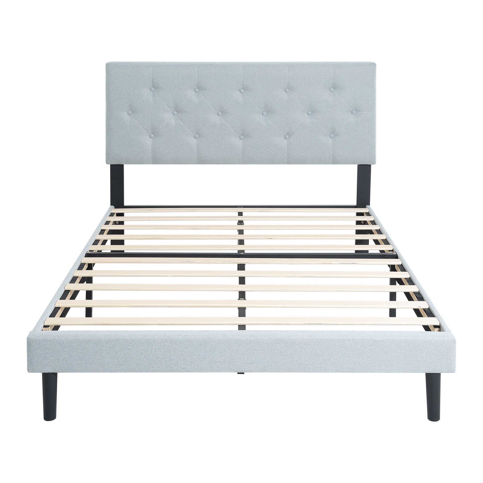 Queen Size Upholstered Platform Bed Frame With Modern Button Tufted Linen Fabric Headboard, No Box Spring Needed, Wood Slat Support, Easy Assembly, Grey Queen Light Grey Linen