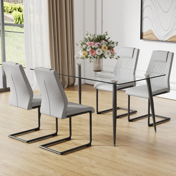 1 Table And 4 Chairs Set.Rectangular Table With Transparent Tempered Glass Tabletop And Black Metal Legs.Paired With 4 Chairs With Pu Leather Cushioned Seats And Black Metal Legs.Dt 1544 C 001 Transparent Glass Metal