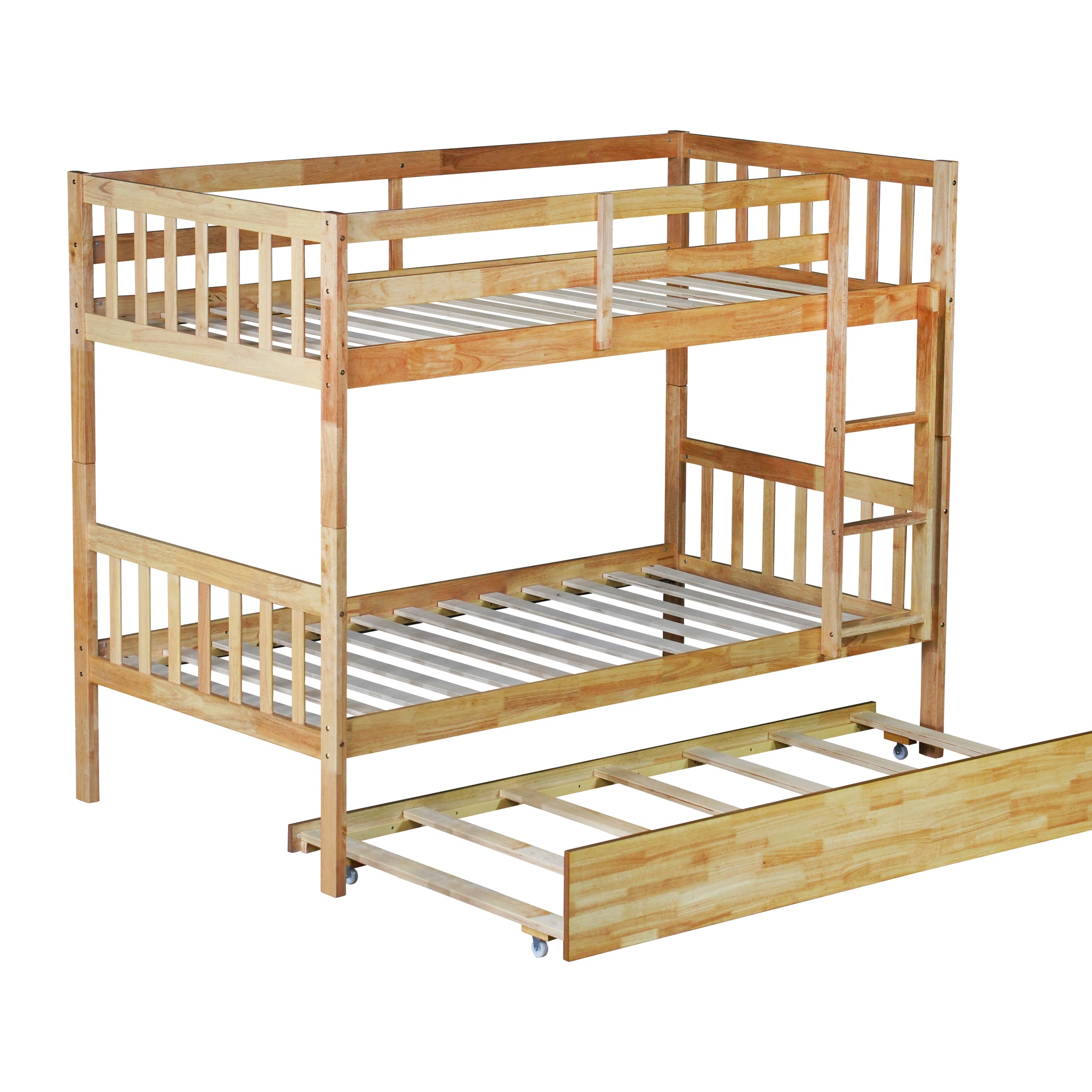 Twin Over Twin Rubber Wood Bunk Bed With Trundle, Convertible Into 2 Twin Size Beds, Twin Size Bunk Bed With Ladder And Safety Guardrails,Natural Twin Natural Rubber Wood