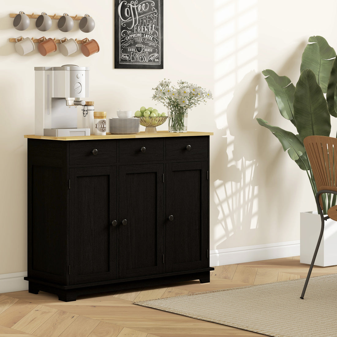 Homcom Sideboard With Solid Wood Countertop, Modern Kitchen Storage Cabinet, Coffee Bar Cabinet With 3 Drawers, Doors And Adjustable Shelf, Distressed Black Wood Wood