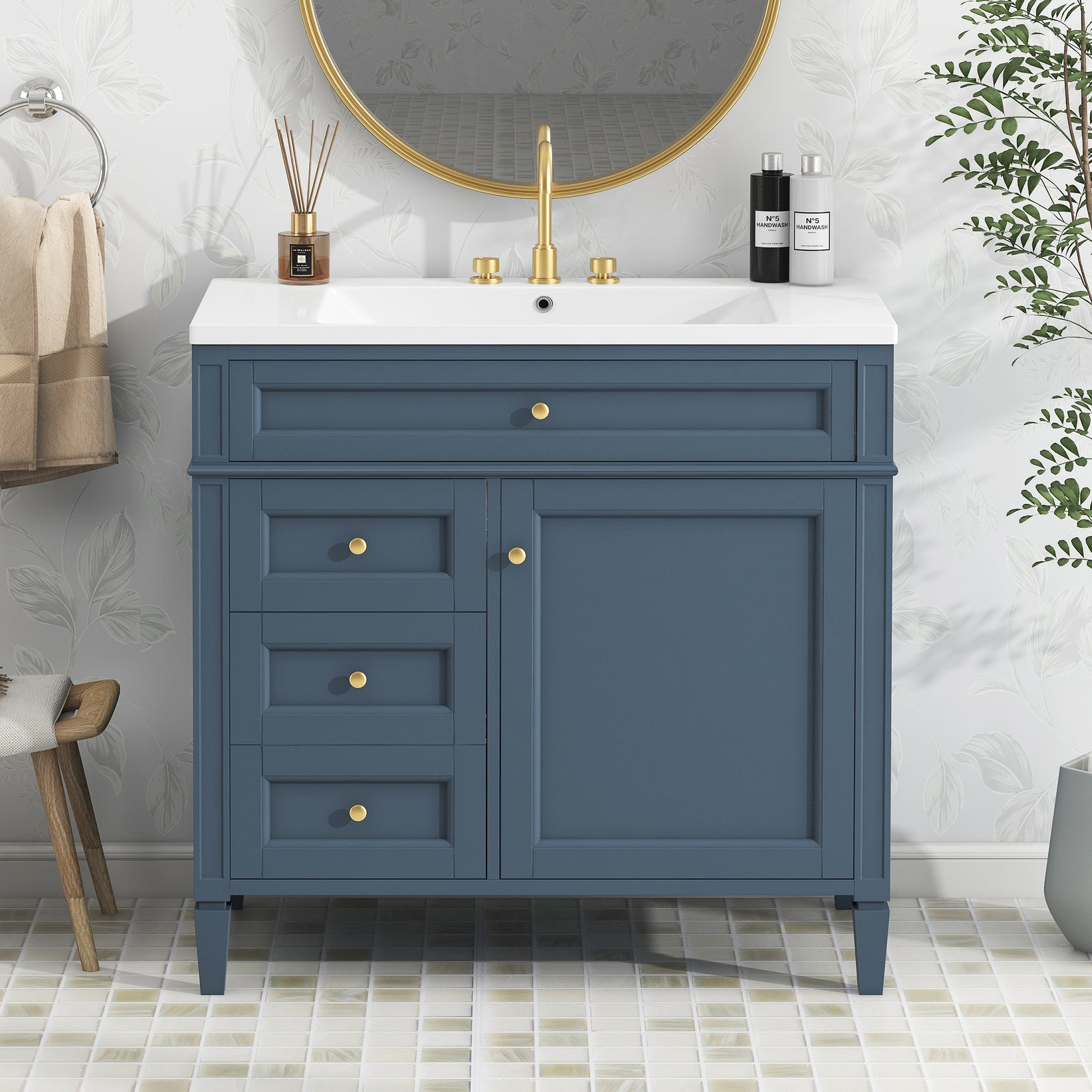 36'' Bathroom Vanity With Top Sink, Modern Bathroom Storage Cabinet With 2 Drawers And A Tip Out Drawer, Single Sink Bathroom Vanity 3 Blue 1 1 Adjustable Shelves Bathroom Freestanding Modern Solid Wood Mdf Resin Painted