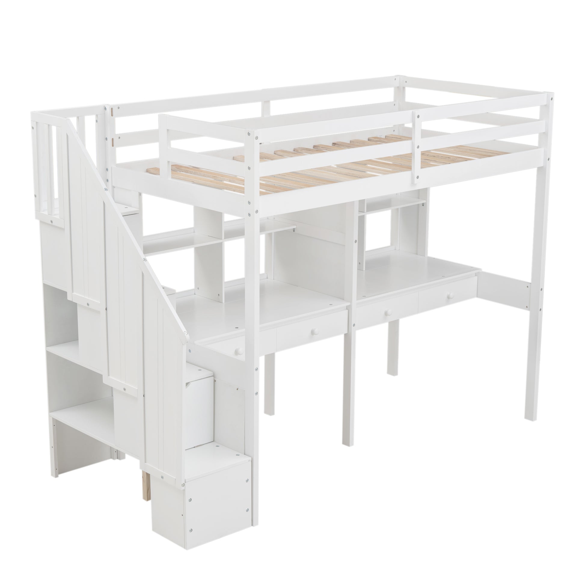 Twin Size Loft Bed Frame With Storage Staircase And Double Desks And Shelves,White Twin White Solid Wood Mdf