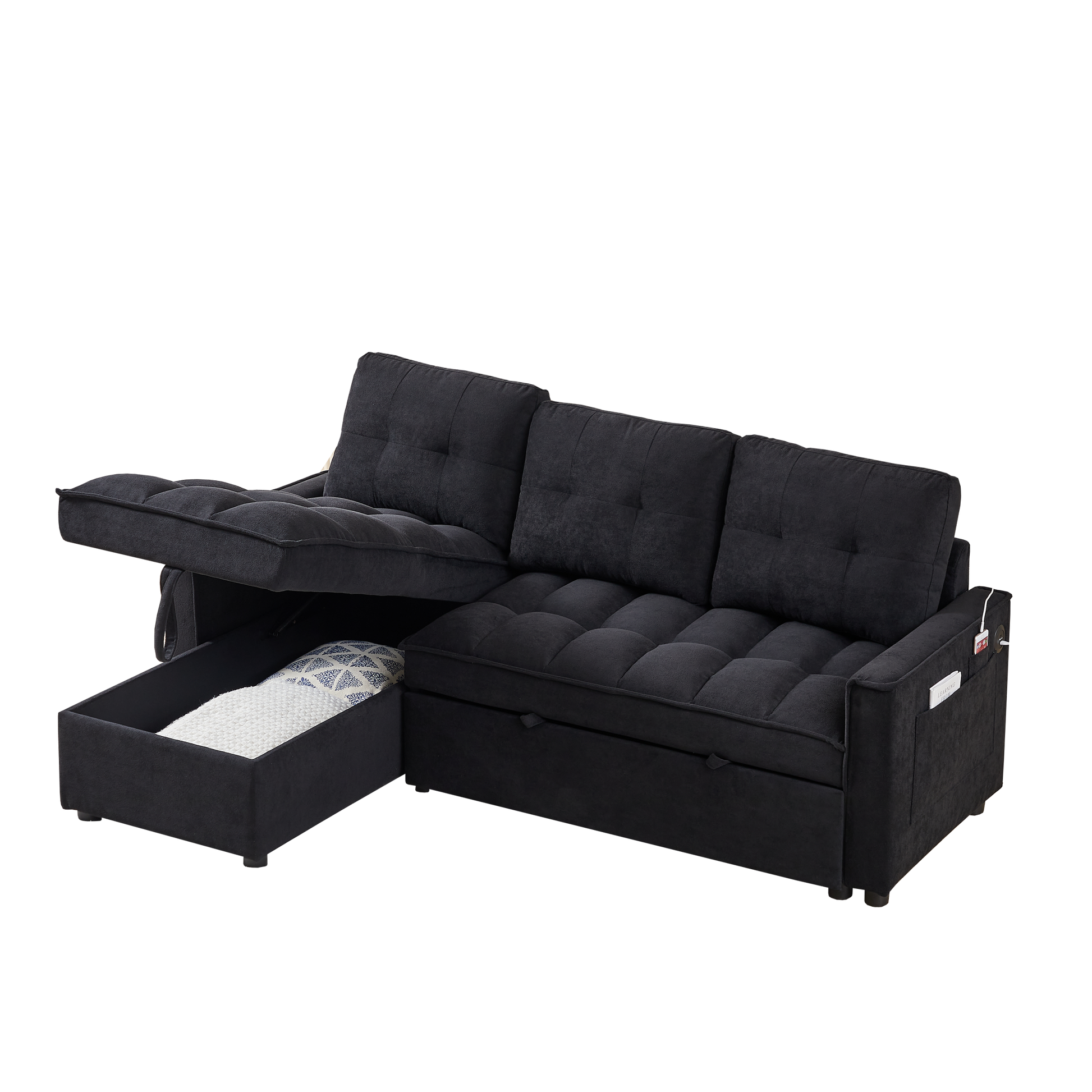 Mh 78.75" Reclining Sofa, Pull Out Sofa Bed With Usb And Tape C Charging Ports, L Shaped Sectional Sofa With Reclining Storage And Arm Side Organizer Pocket Features, Living Room Comfort Sofa Black Chenille Wood Primary Living Space Eucalyptus Foam