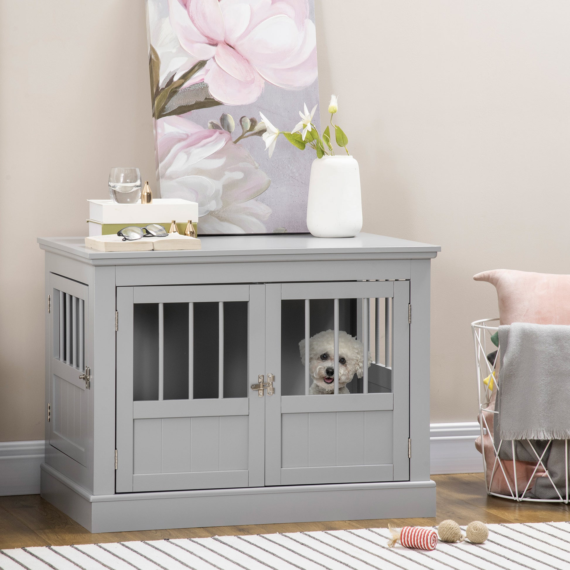 Pawhut Dog Crate End Table With Triple Doors, Wooden Dog Crate Furniture Indoor Use, Puppy Crate With And Steel Tubes, For Small Dogs, Pewter Gray Dark Gray Mdf