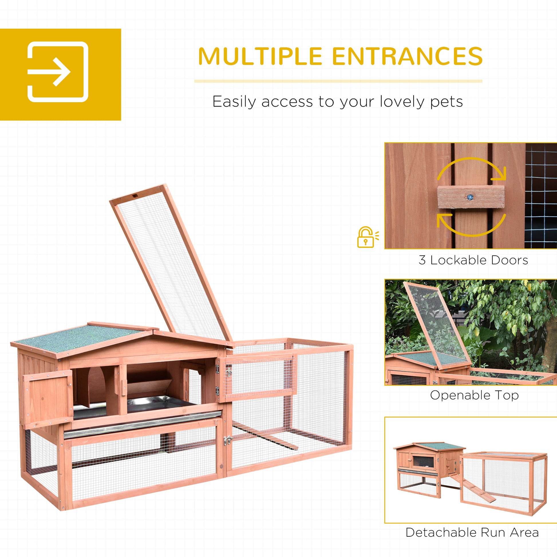 Pawhut Rabbit Hutch 2 Story Bunny Cage Small Animal House With Slide Out Tray, Detachable Run, For Indoor Outdoor, 61.5" X 23" X 27", Natural Natural Wood Wood