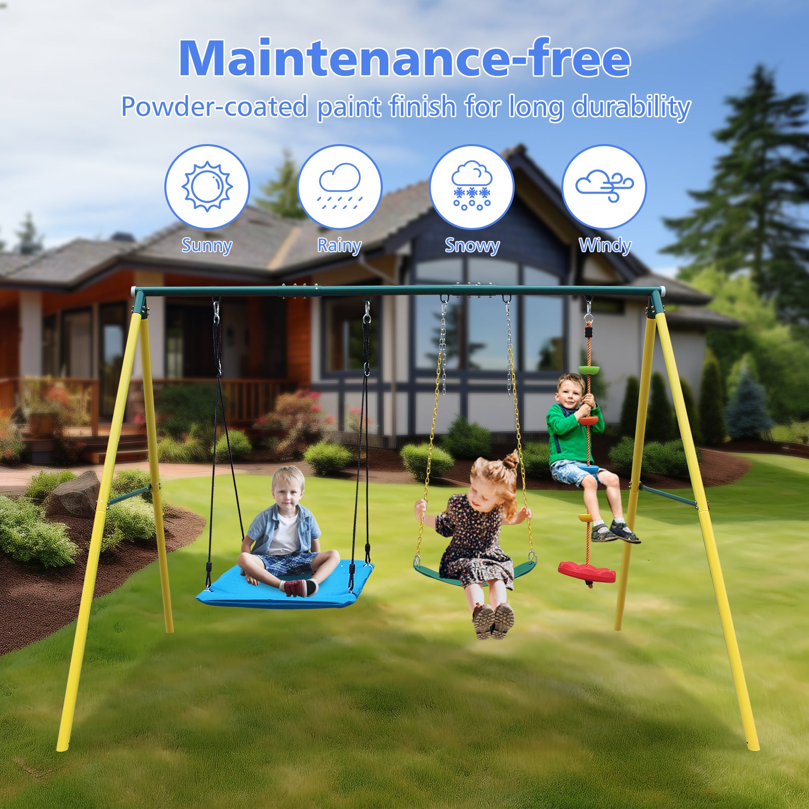 Indoor Outdoor Metal Swing Set With Safety Belt For Backyard Multicolor Steel